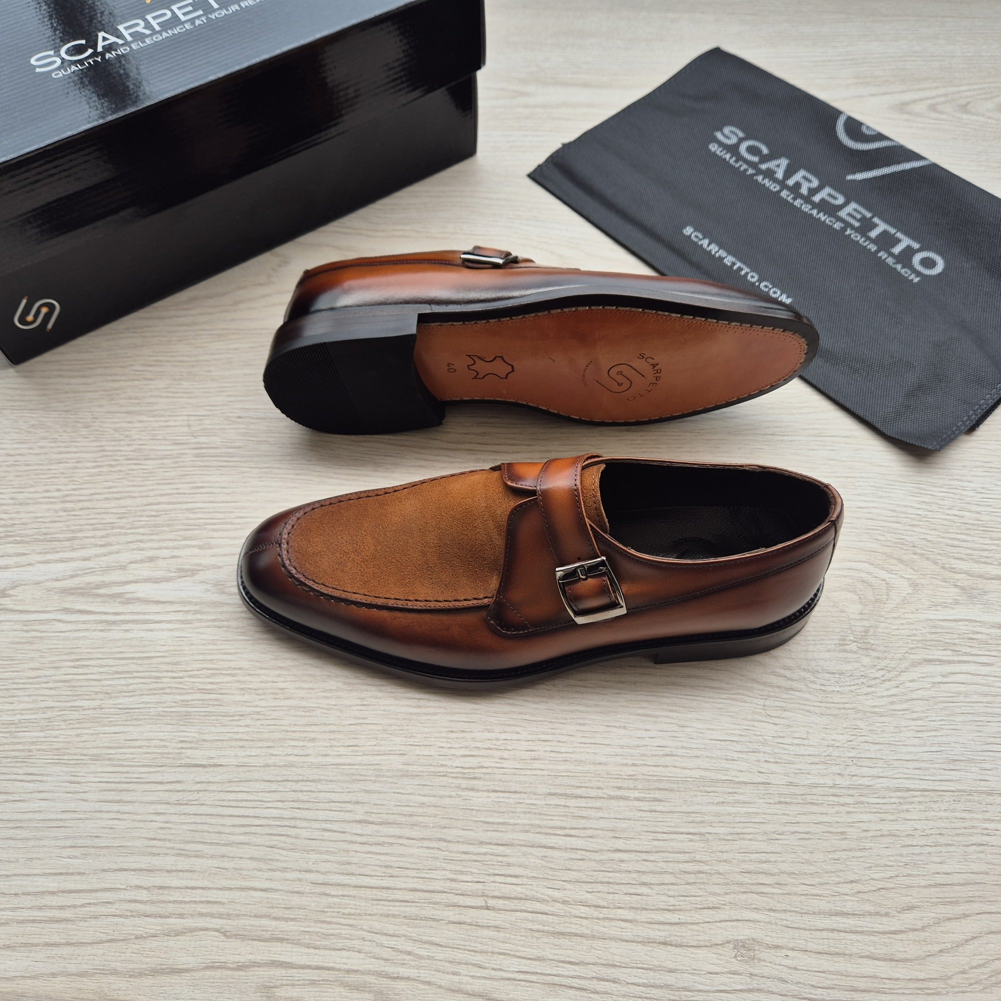 Massimo Cognac Suede-Toe Single Monk Strap — three-quarter view | Scarpetto