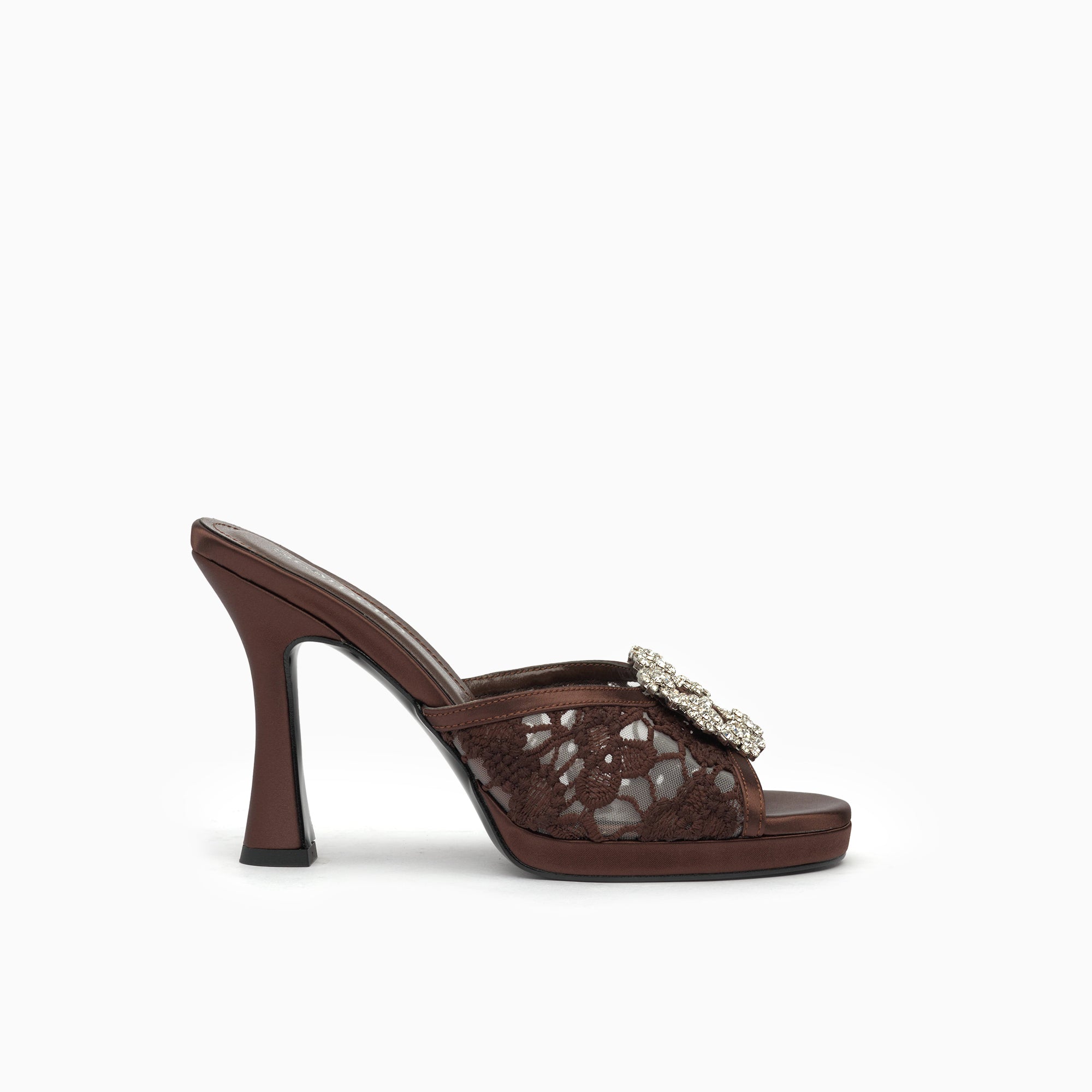 Merletto Espresso Brown Lace Platform Mule With Crystal Buckle — side view | Scarpetto