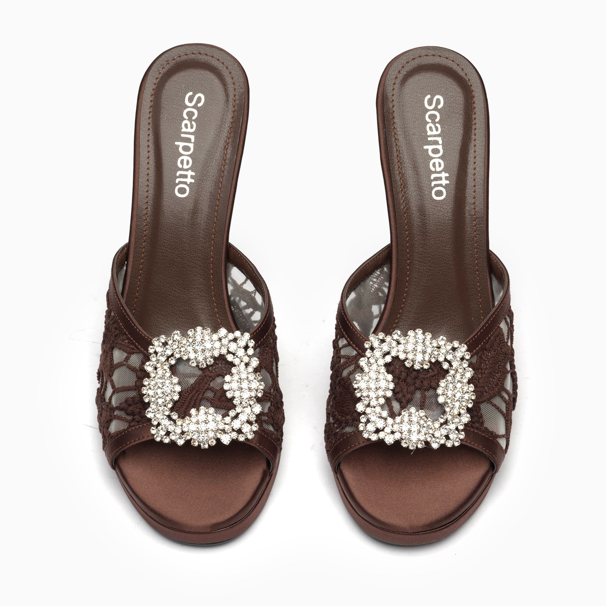 Merletto Espresso Brown Lace Platform Mule With Crystal Buckle — top view | Scarpetto