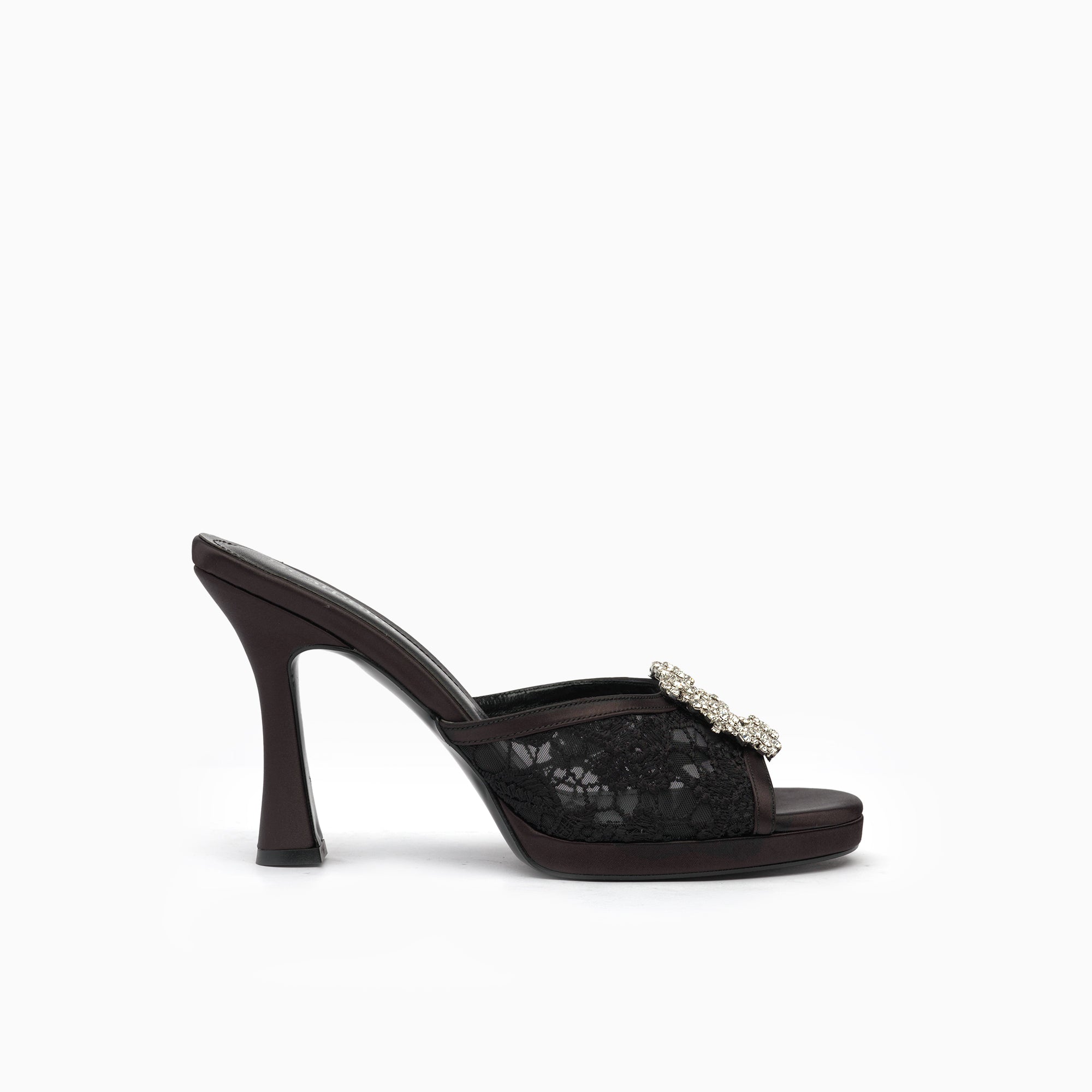 Merletto Jet Black Lace Platform Mule With Crystal Buckle — side view | Scarpetto