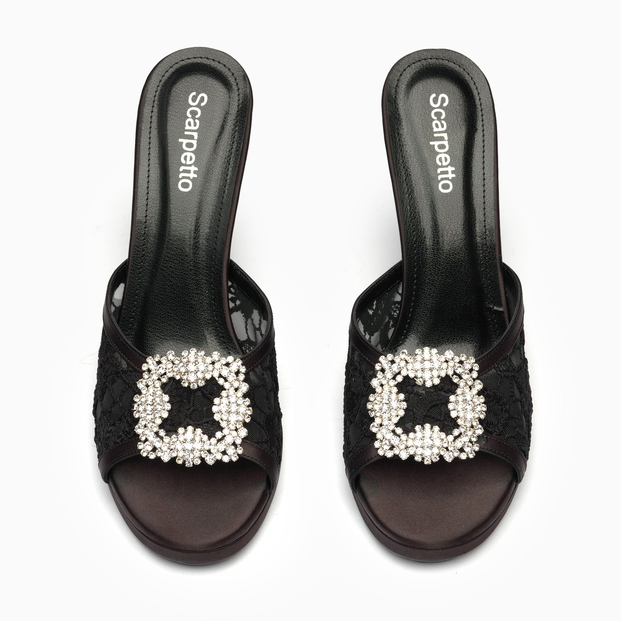 Merletto Jet Black Lace Platform Mule With Crystal Buckle — top view | Scarpetto