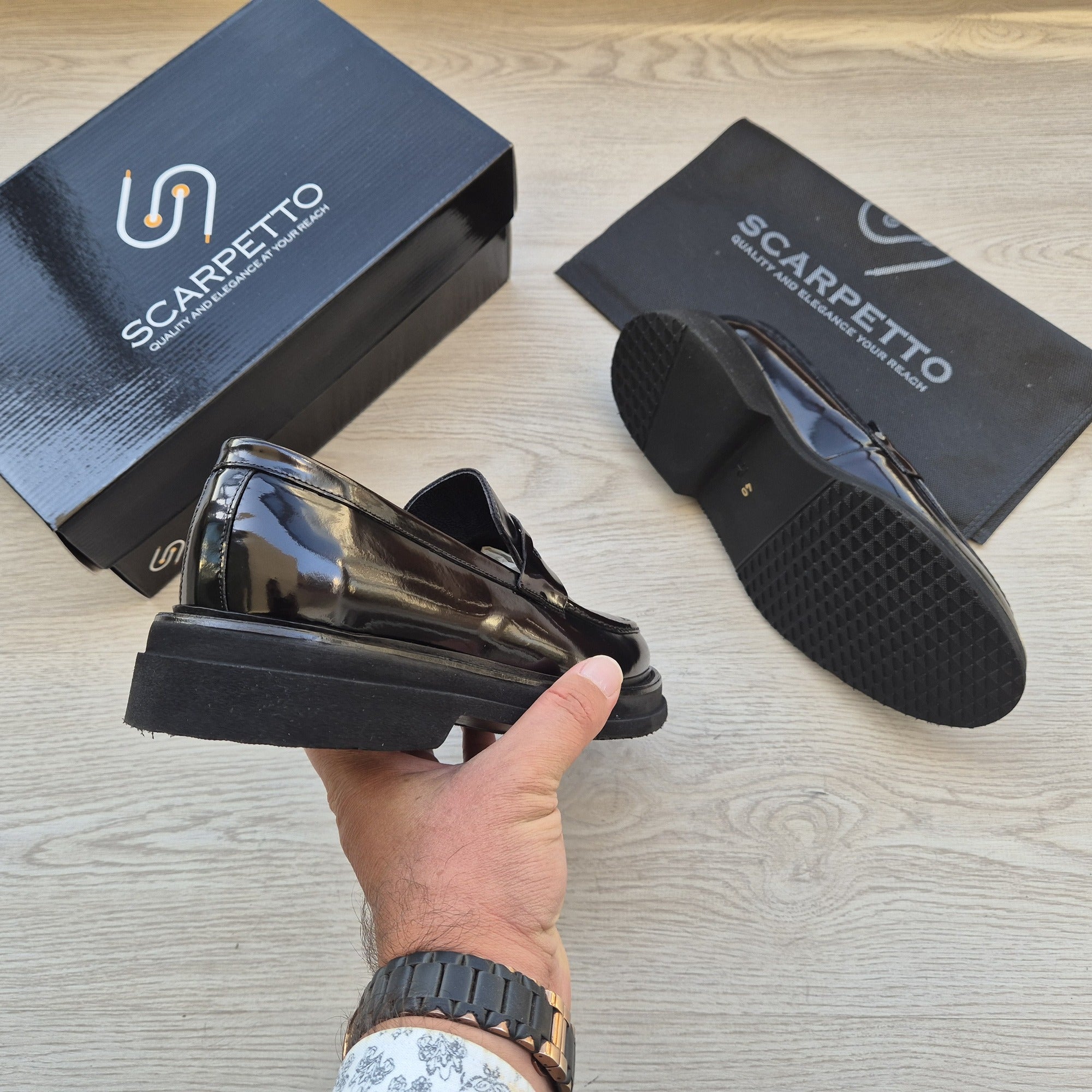 Napoli Jet Black Patent Penny Loafer — front view | Scarpetto