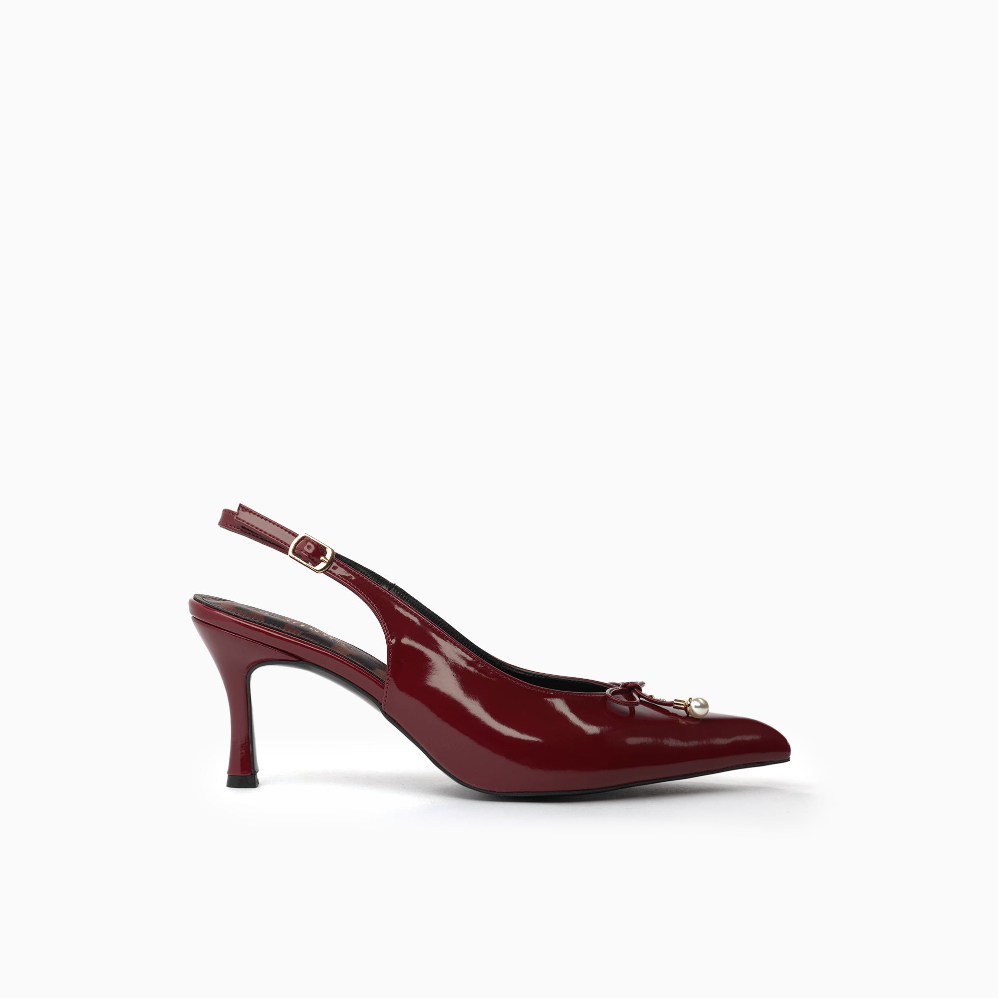Perla Burgundy Wine Patent Slingback Pump With Bow And Pearl — side view | Scarpetto