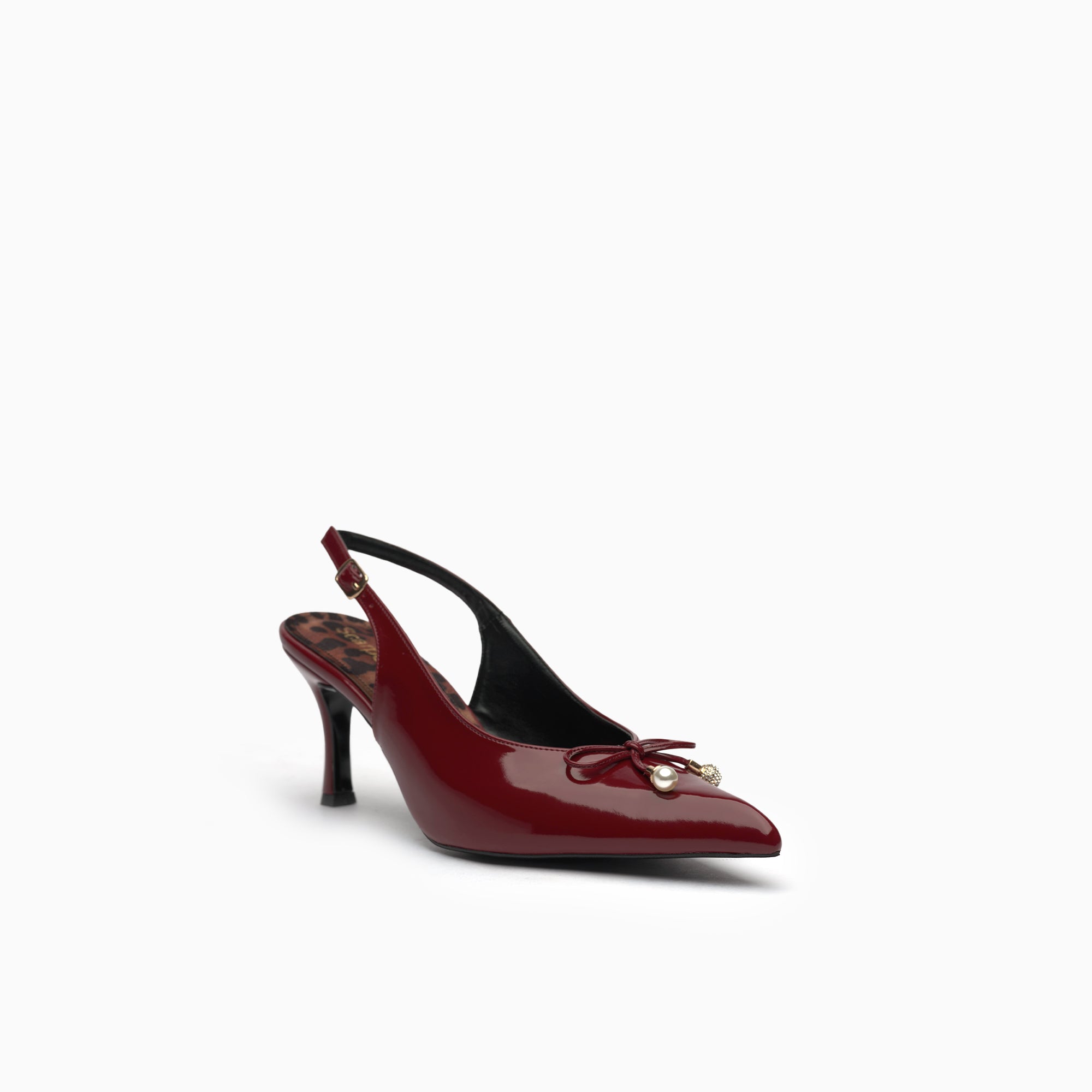 Perla Burgundy Wine Patent Slingback Pump With Bow And Pearl — three-quarter view | Scarpetto