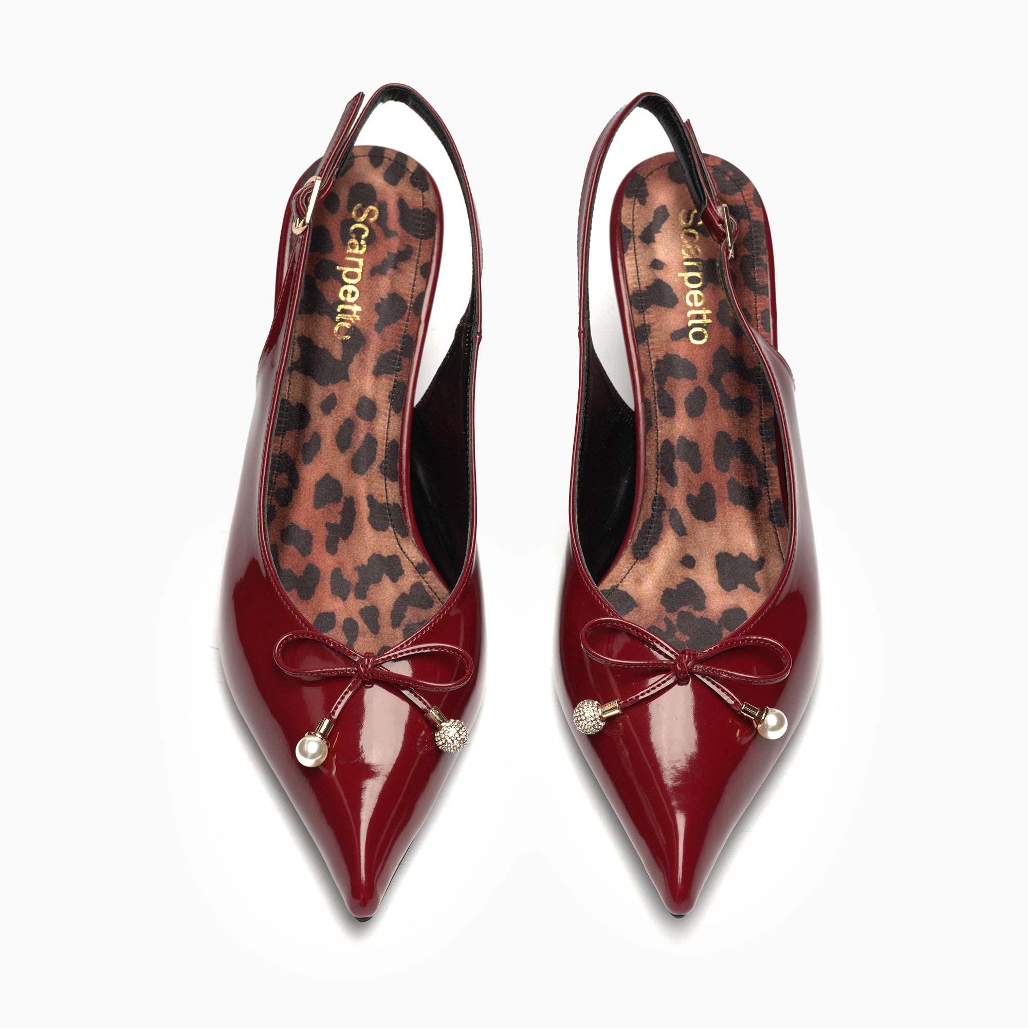 Perla Burgundy Wine Patent Slingback Pump With Bow And Pearl — top view | Scarpetto