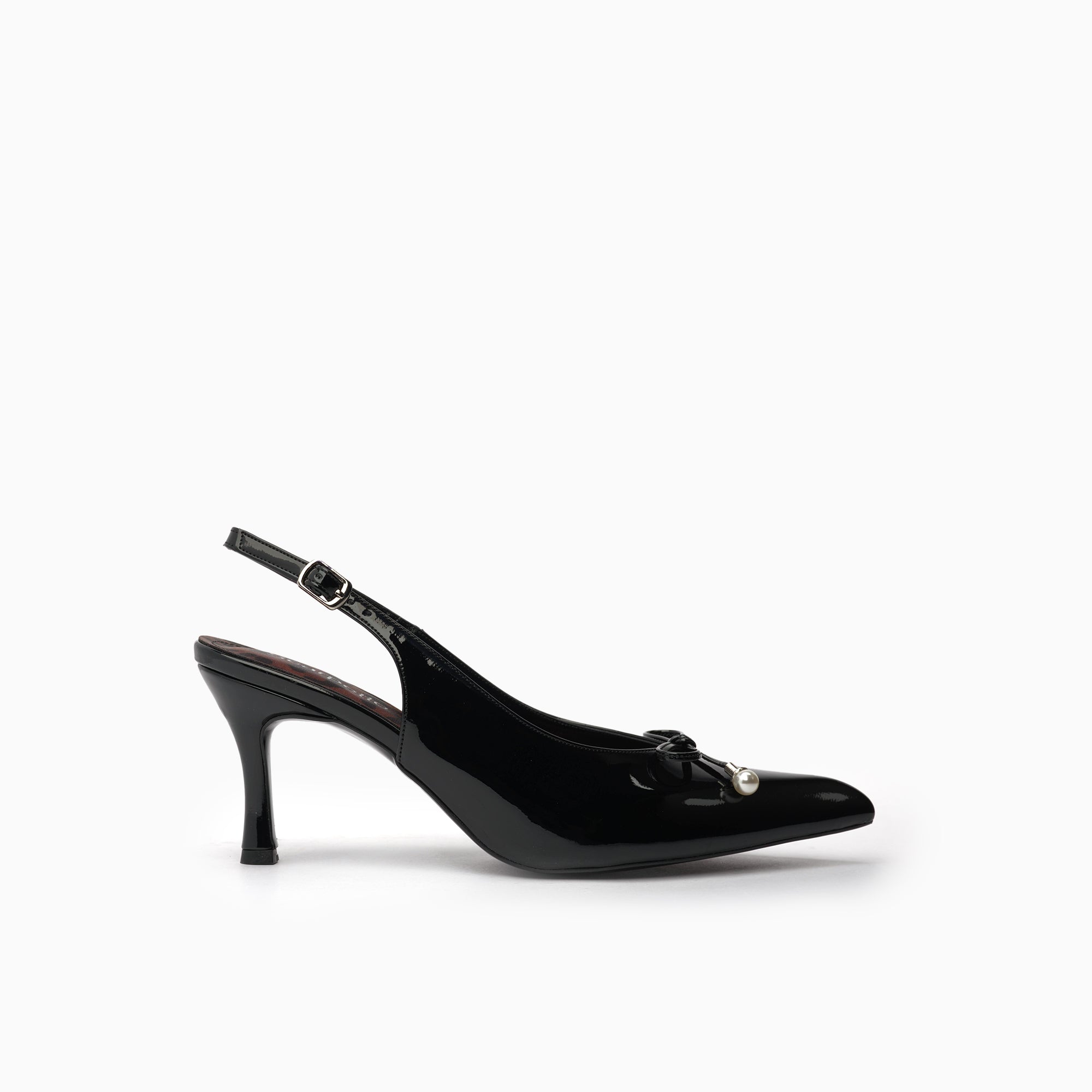 Perla Jet Black Patent Slingback Pump With Bow And Pearl — side view | Scarpetto