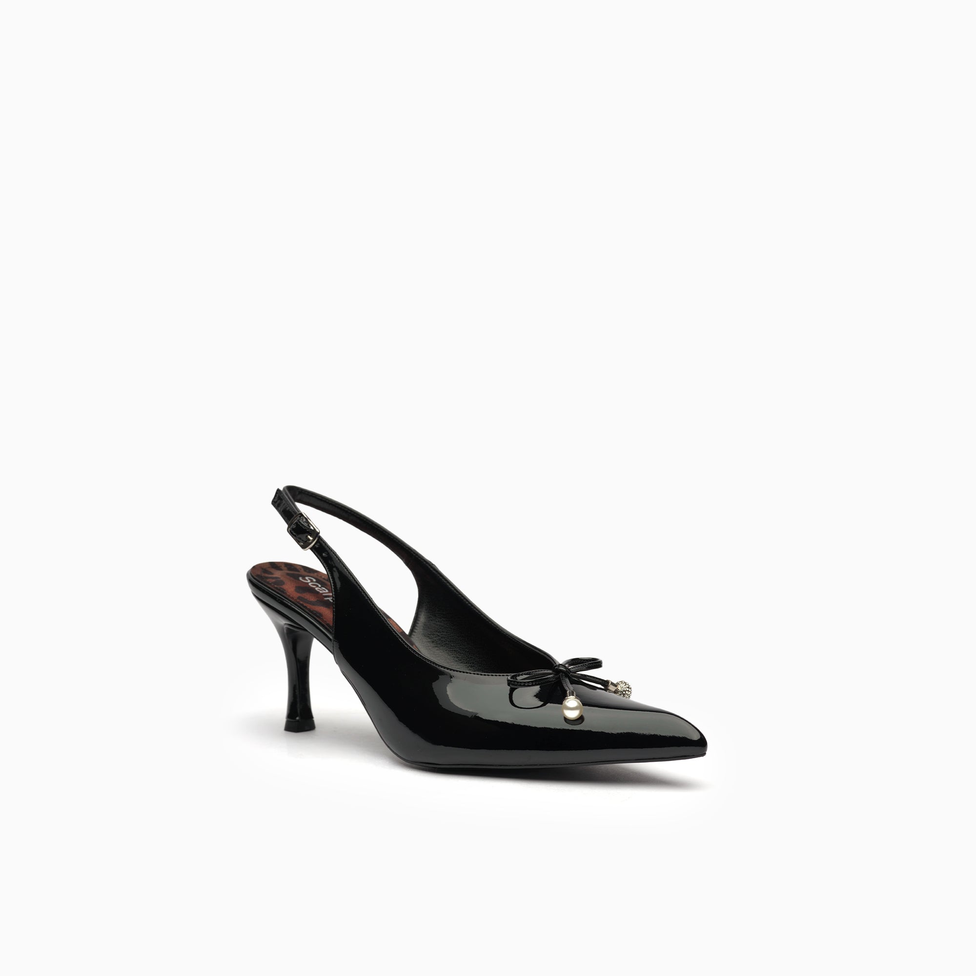 Perla Jet Black Patent Slingback Pump With Bow And Pearl — three-quarter view | Scarpetto