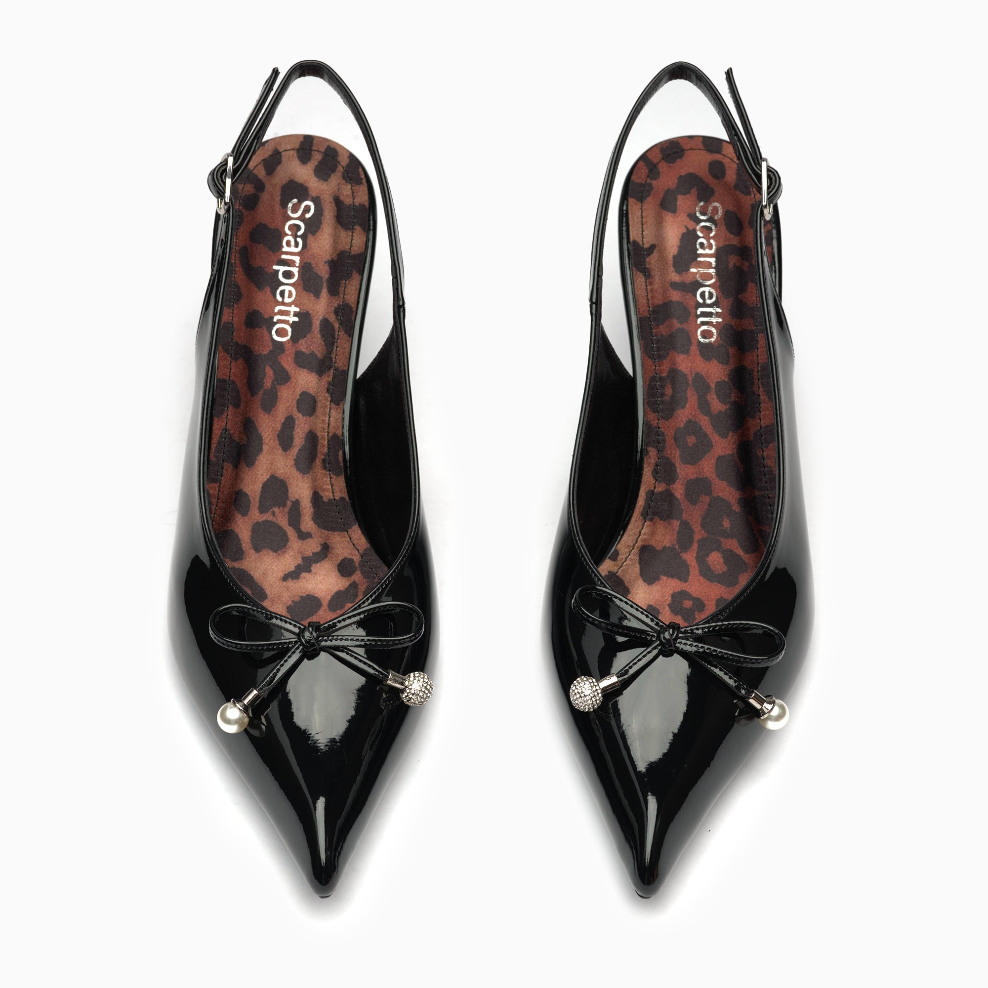 Perla Jet Black Patent Slingback Pump With Bow And Pearl — top view | Scarpetto