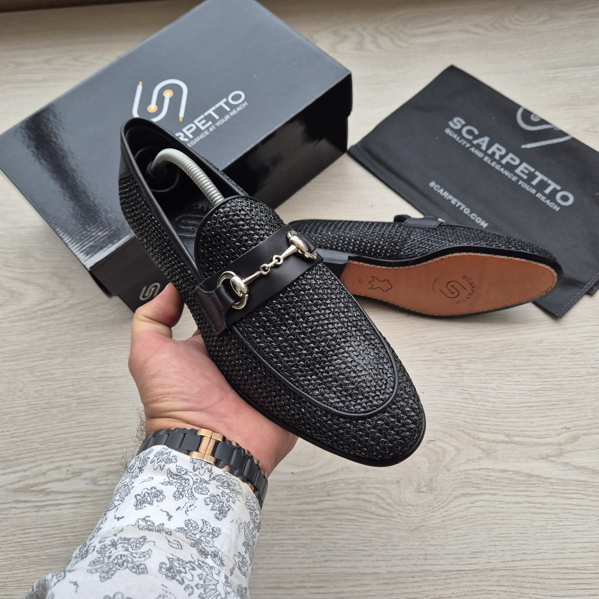 Positano Jet Black Woven Horsebit Loafer — top view | Scarpetto