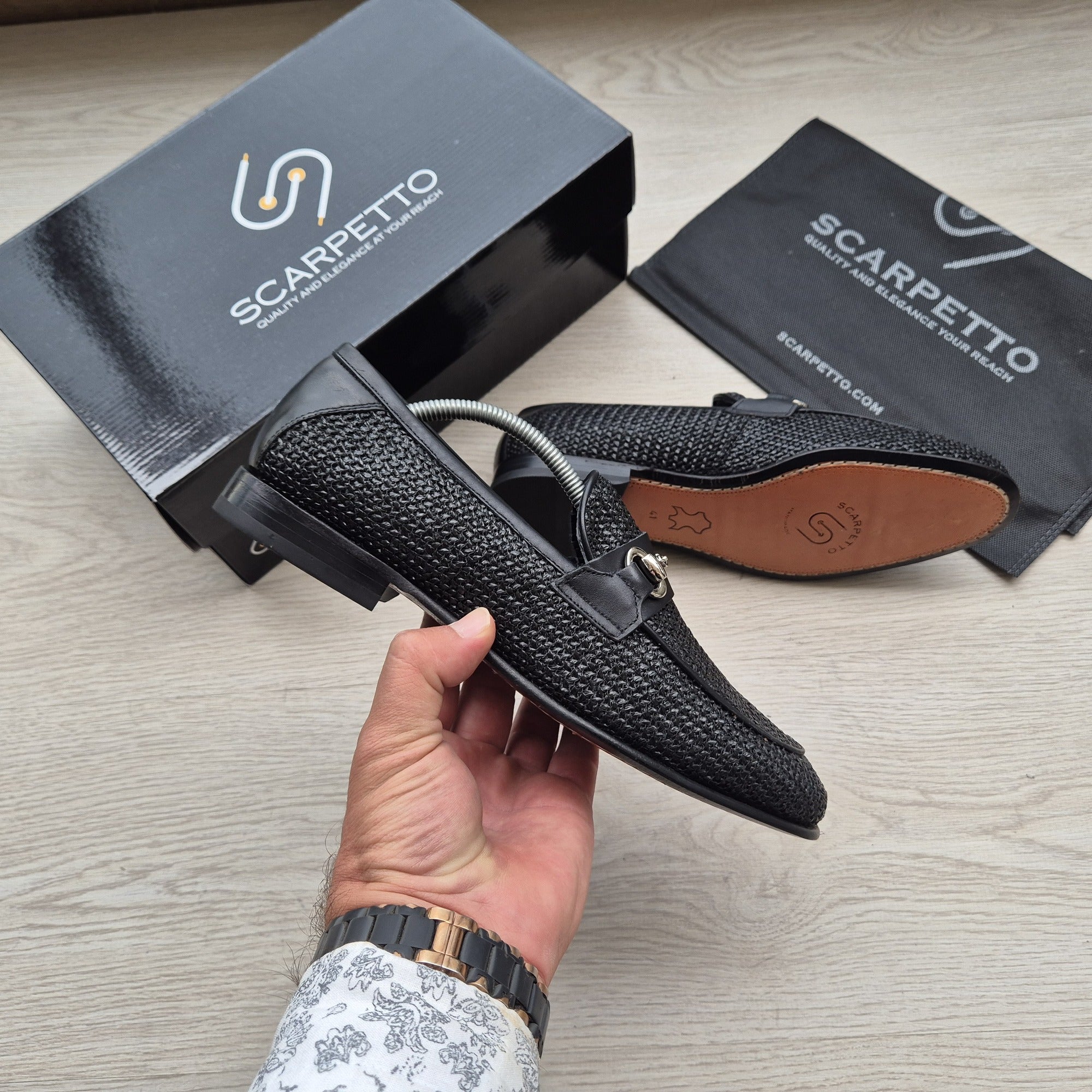 Positano Jet Black Woven Horsebit Loafer — three-quarter view | Scarpetto