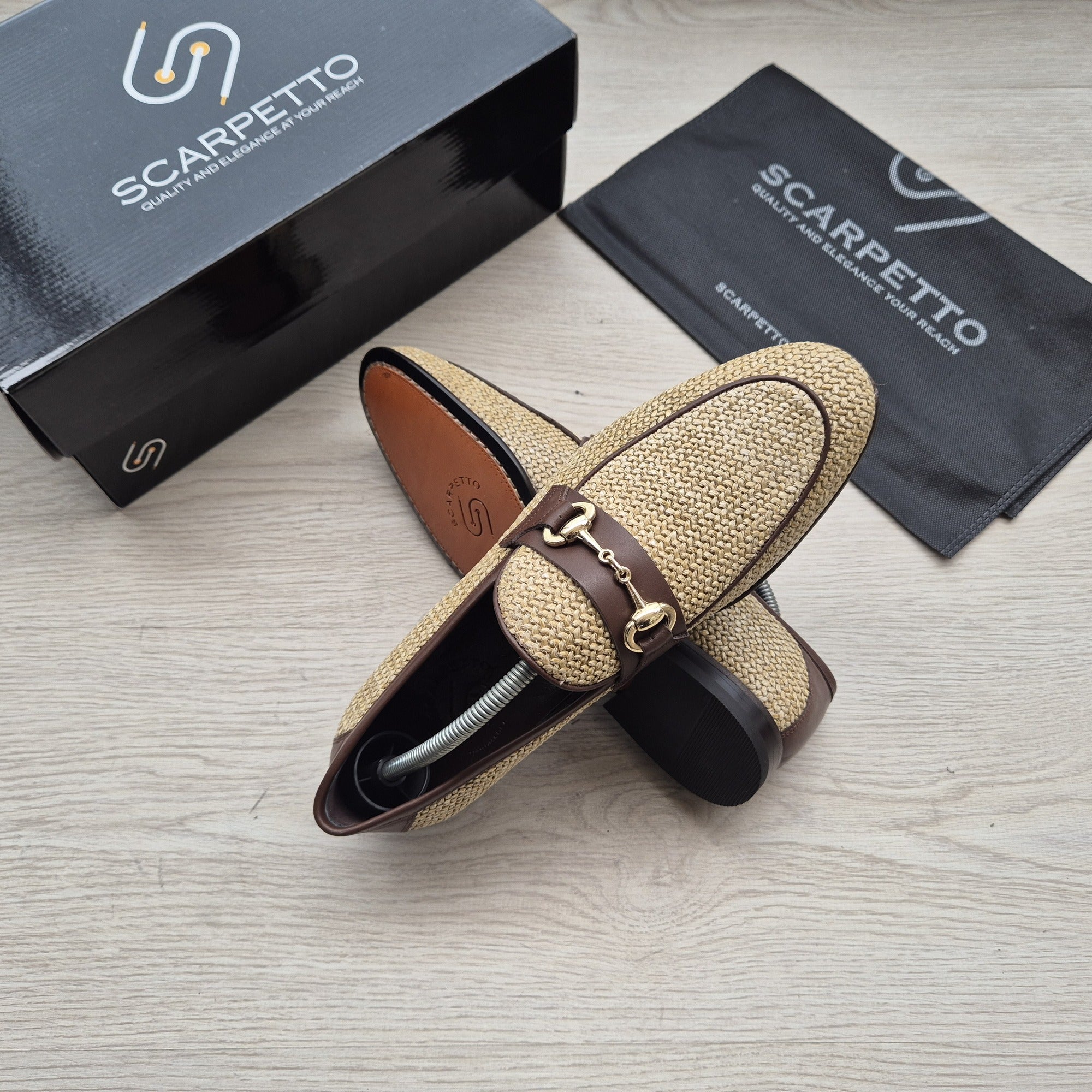 Positano Sand Beige Woven Horsebit Loafer — side view | Scarpetto