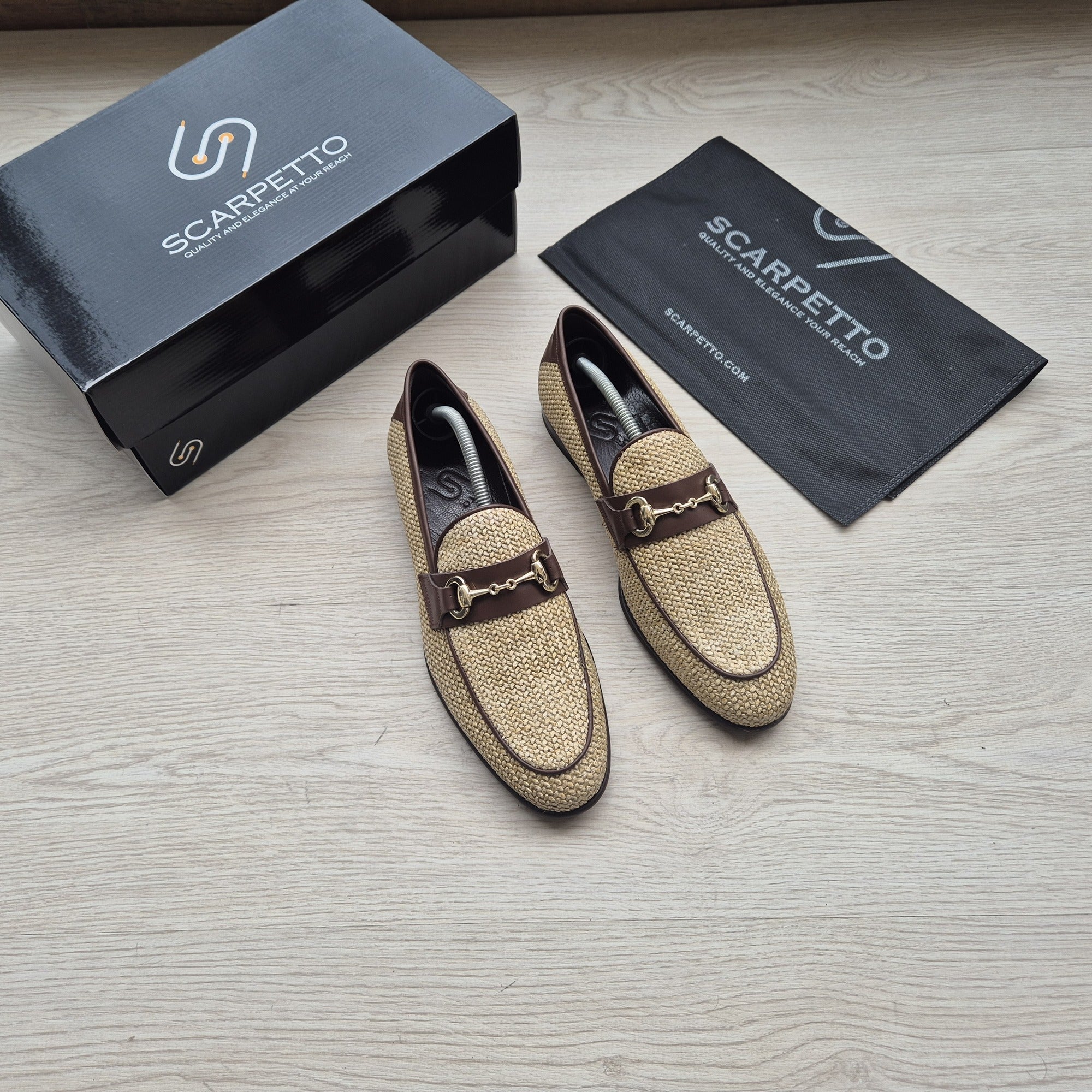 Positano Sand Beige Woven Horsebit Loafer — top view | Scarpetto