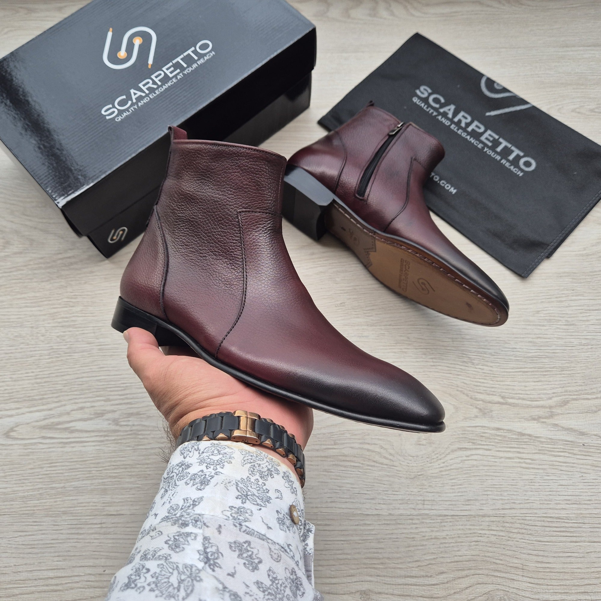 Raphael Floater Burgundy Chelsea Boots — front view | Scarpetto