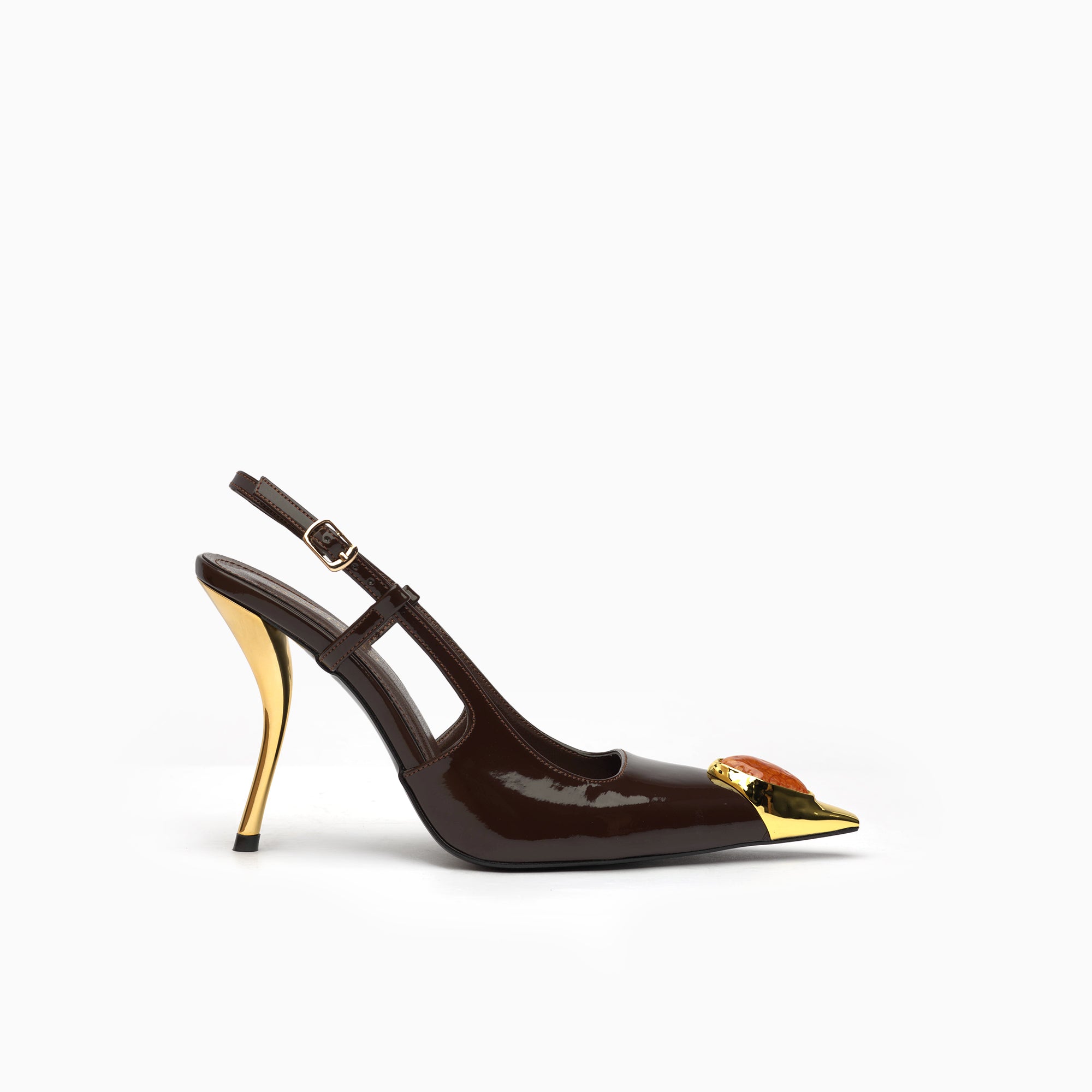 Regina Espresso Amber Patent Slingback Pump With Cabochon Gold Toe Cap — side view | Scarpetto