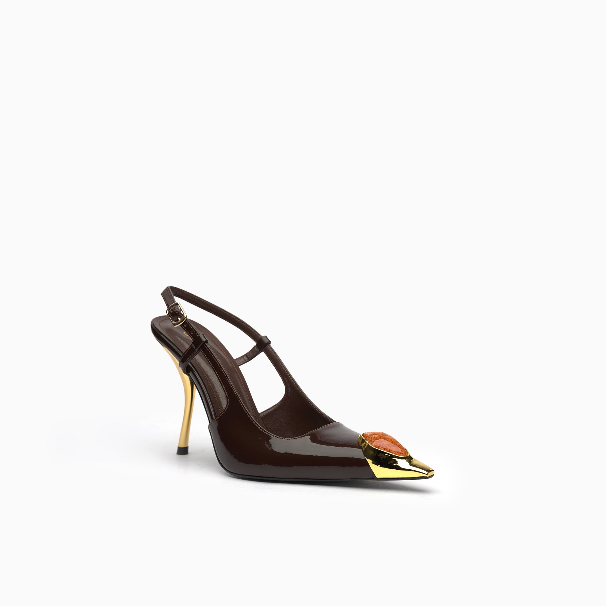 Regina Espresso Amber Patent Slingback Pump With Cabochon Gold Toe Cap — three-quarter view | Scarpetto