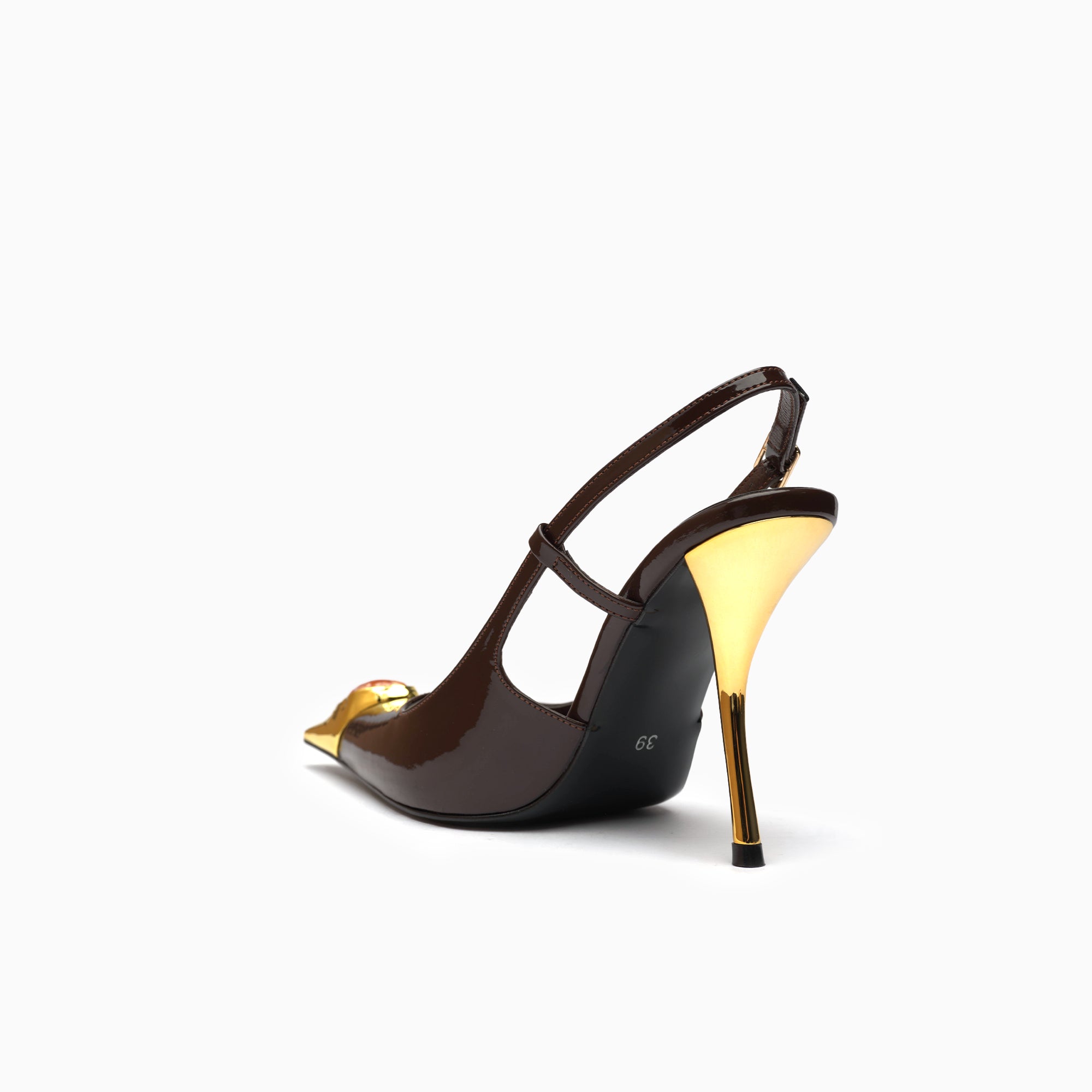 Regina Espresso Amber Patent Slingback Pump With Cabochon Gold Toe Cap — heel detail | Scarpetto