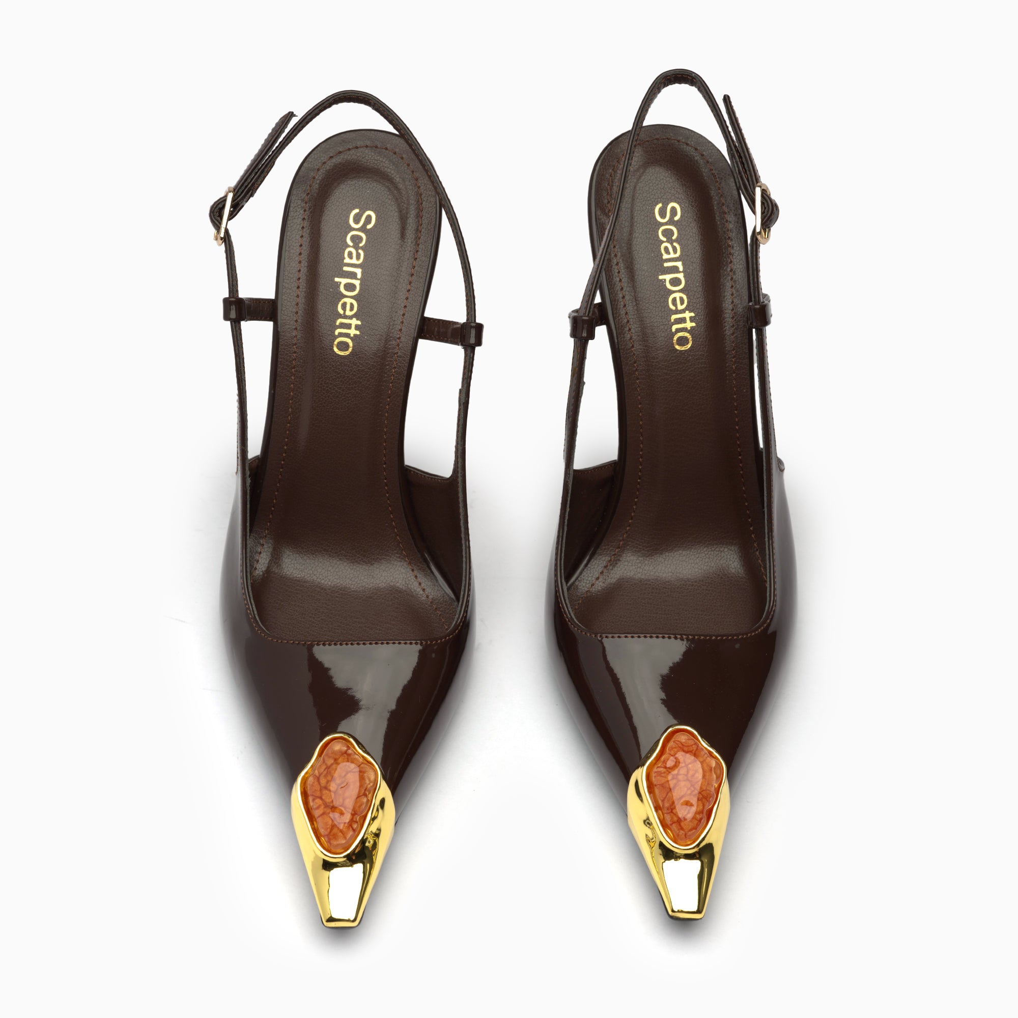 Regina Espresso Amber Patent Slingback Pump With Cabochon Gold Toe Cap — top view | Scarpetto