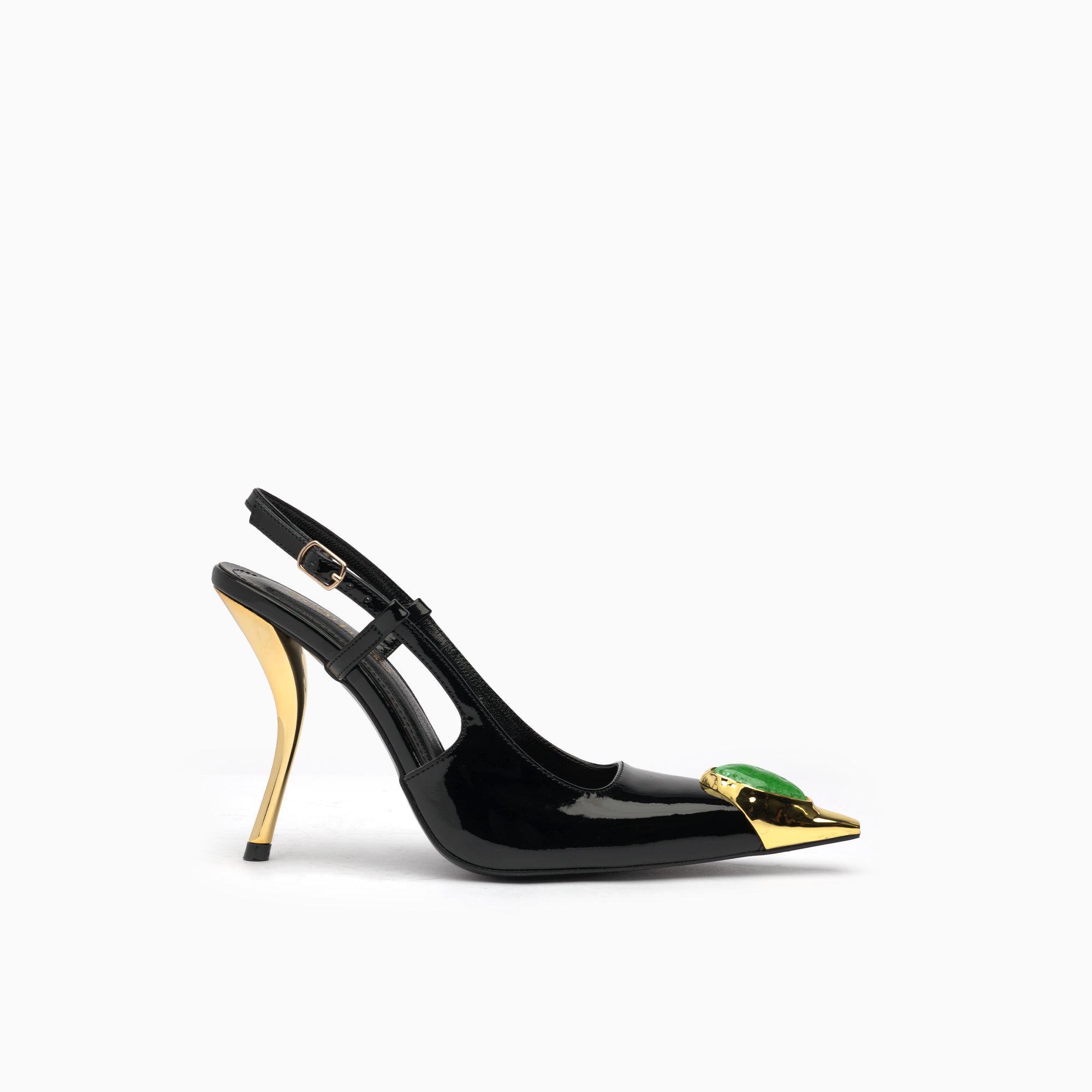 Regina Jet Black Emerald Patent Slingback Pump With Cabochon Gold Toe Cap — side view | Scarpetto