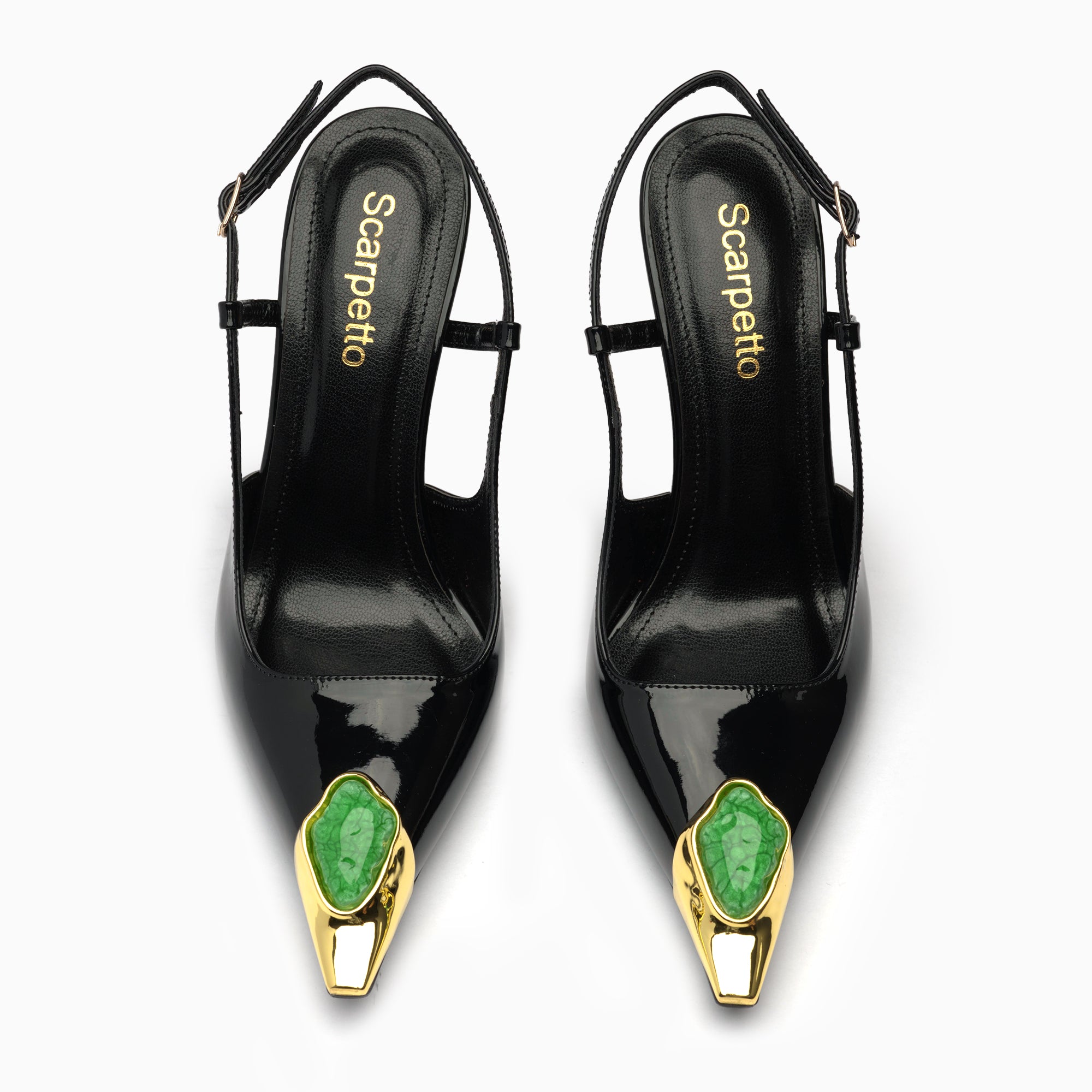 Regina Jet Black Emerald Patent Slingback Pump With Cabochon Gold Toe Cap — heel detail | Scarpetto