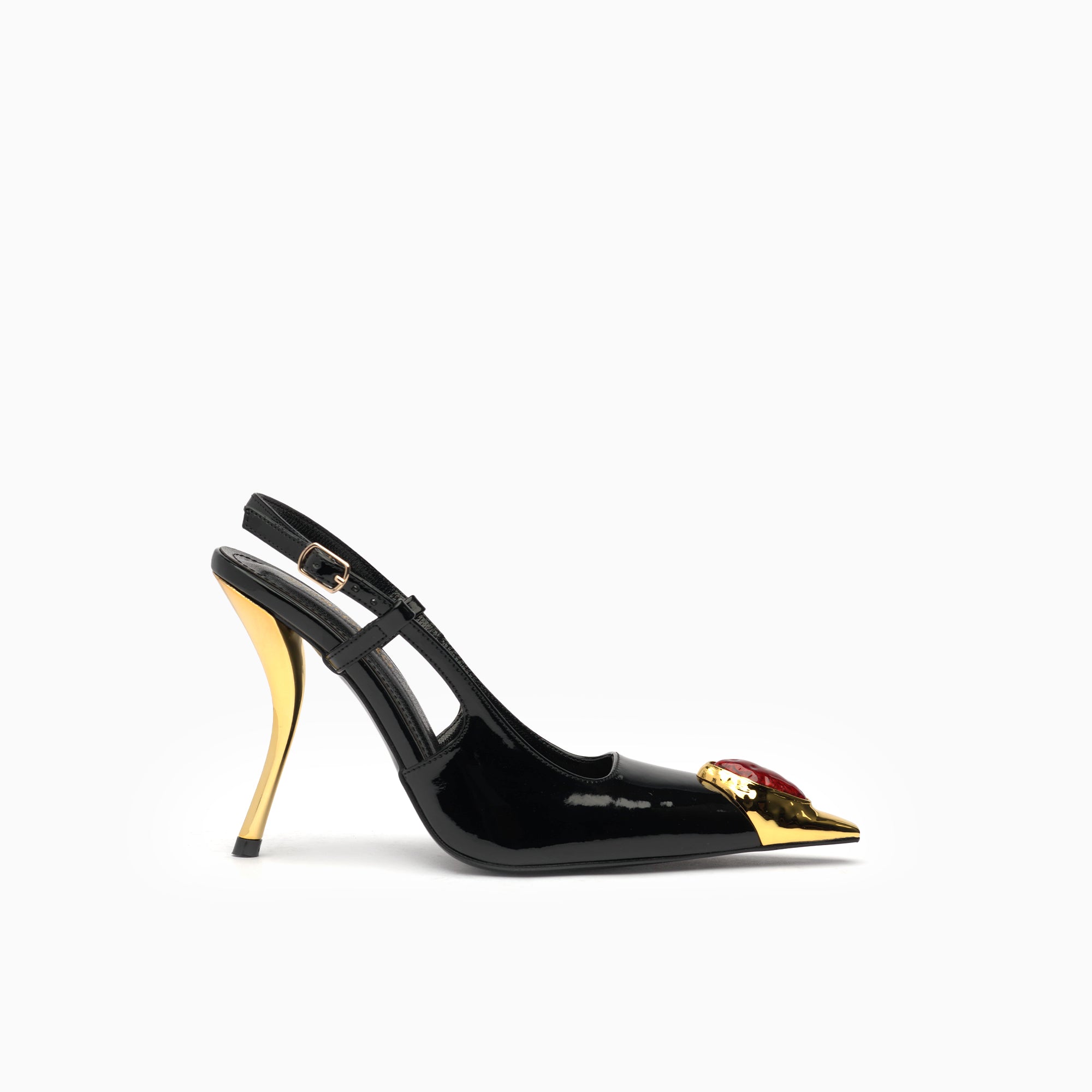Regina Jet Black Ruby Patent Slingback Pump With Cabochon Gold Toe Cap — side view | Scarpetto