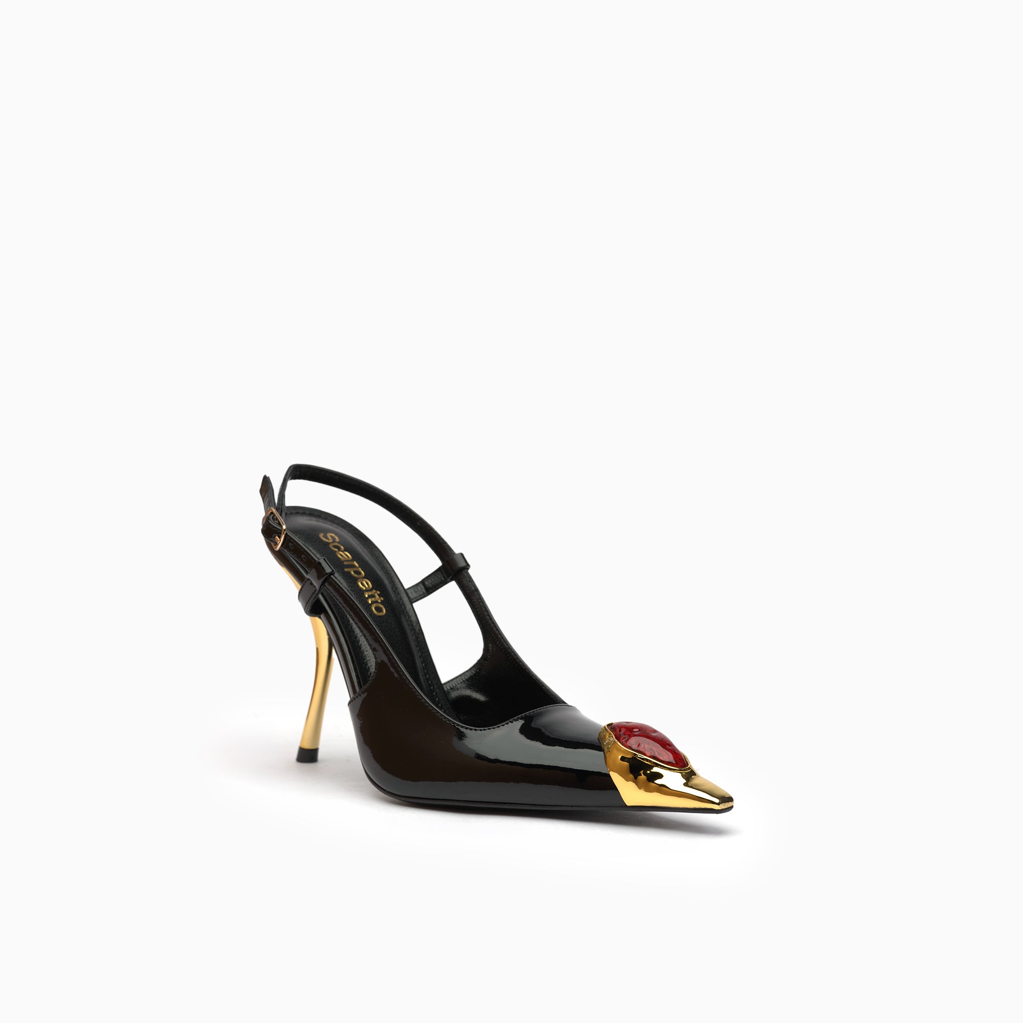 Regina Jet Black Ruby Patent Slingback Pump With Cabochon Gold Toe Cap — three-quarter view | Scarpetto