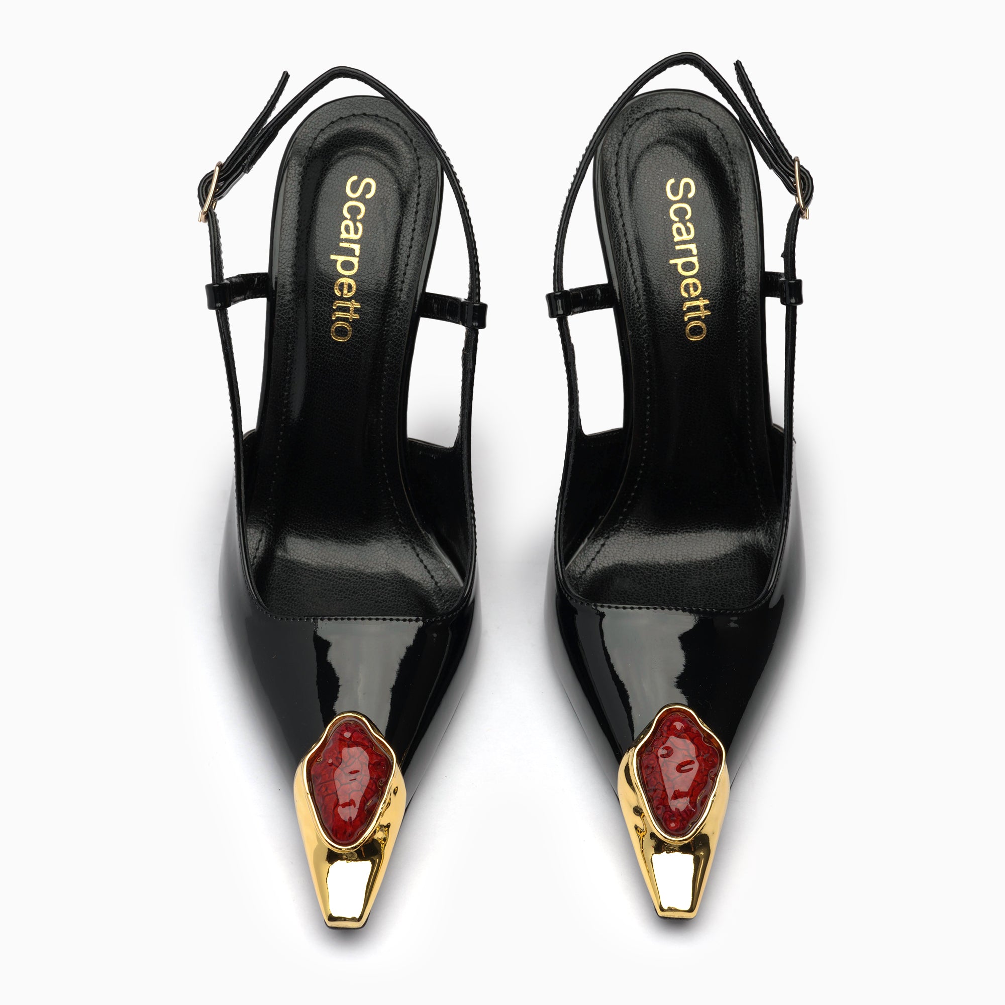 Regina Jet Black Ruby Patent Slingback Pump With Cabochon Gold Toe Cap — top view | Scarpetto