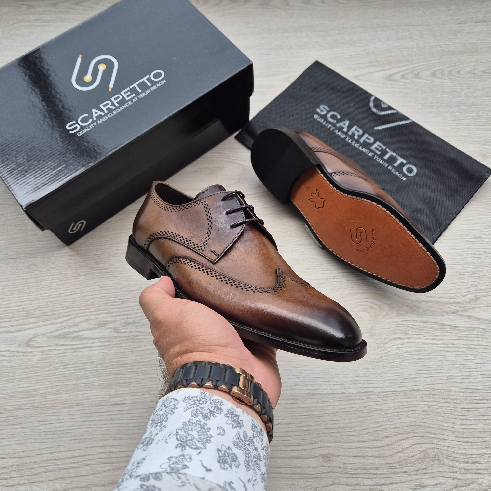 Rinaldo Whiskey Brown Wingtip Brogue Derby — heel detail | Scarpetto