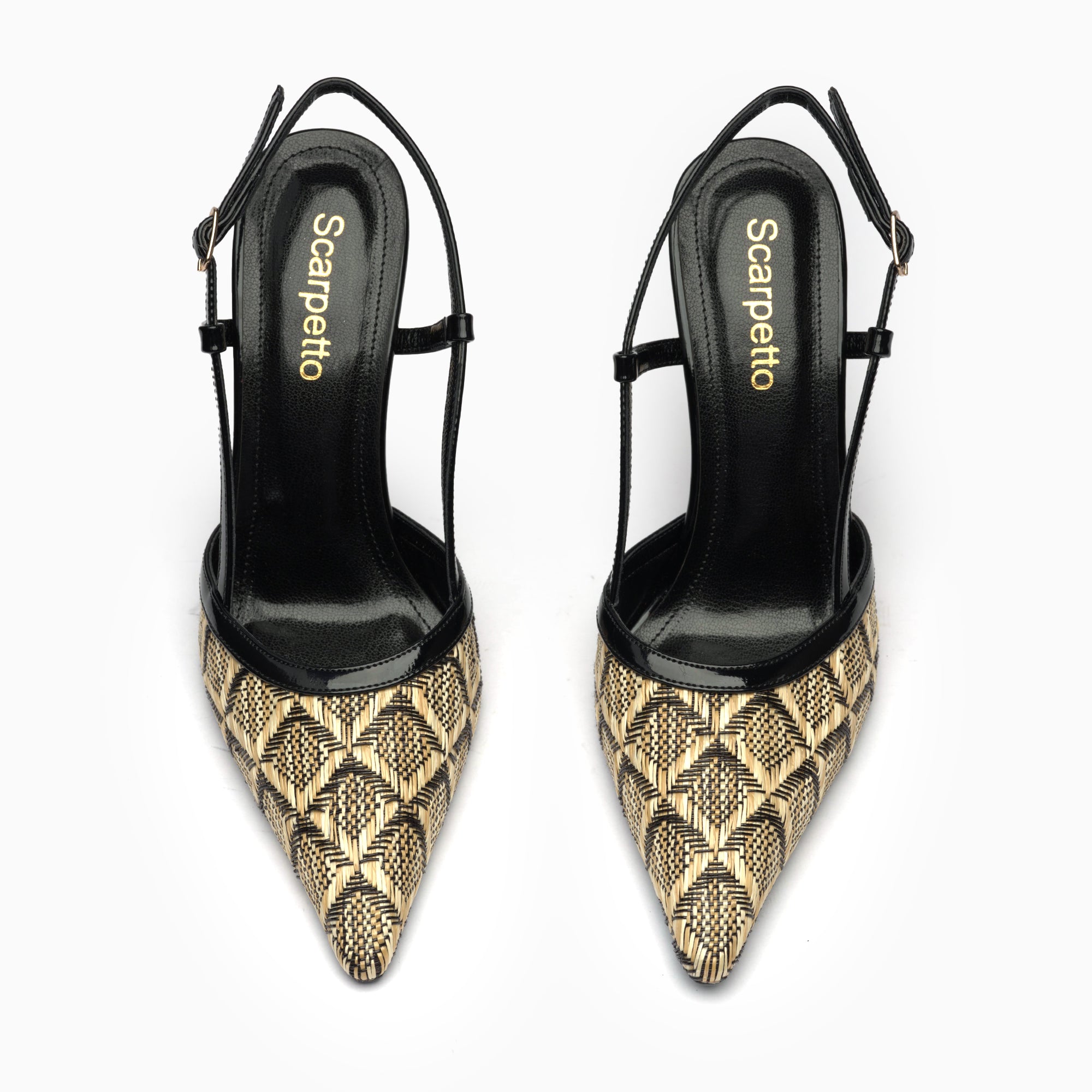 Riviera Natural Raffia Woven Raffia Slingback Pump With Sculptural Gold Heel — top view | Scarpetto