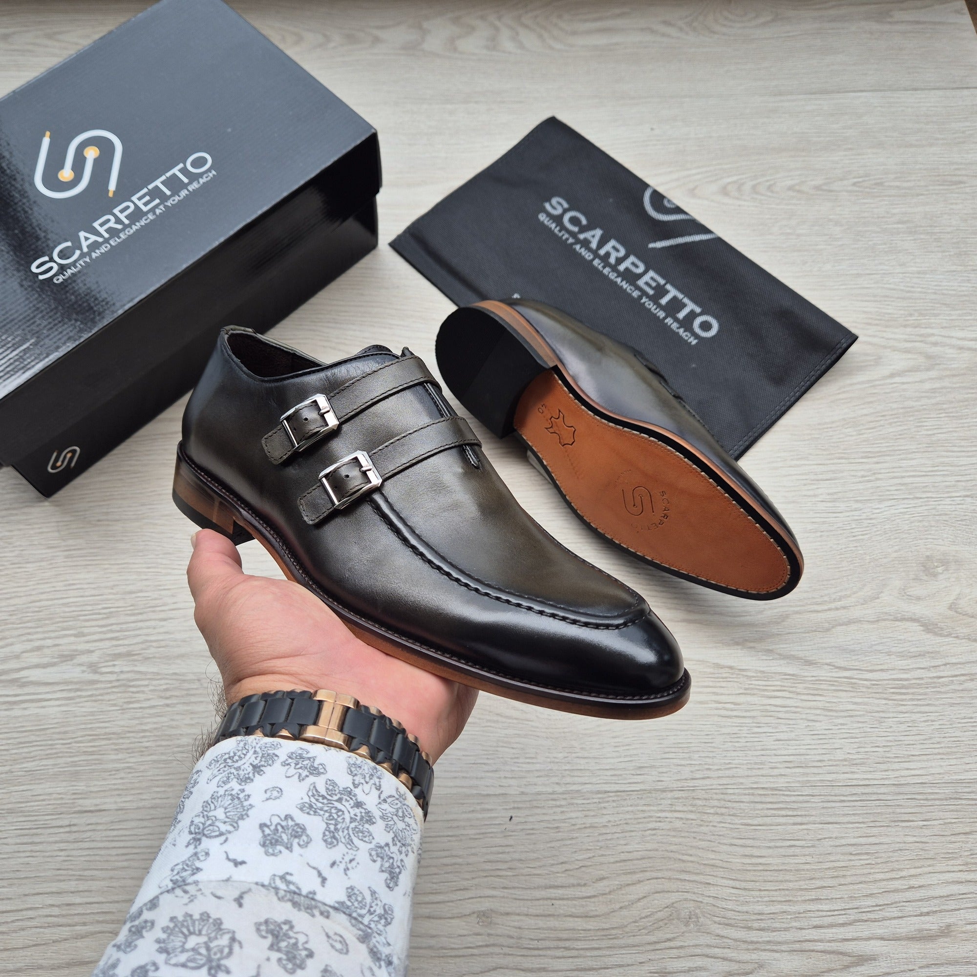 Salvatore Bottle Green Double Monk Strap — top view | Scarpetto