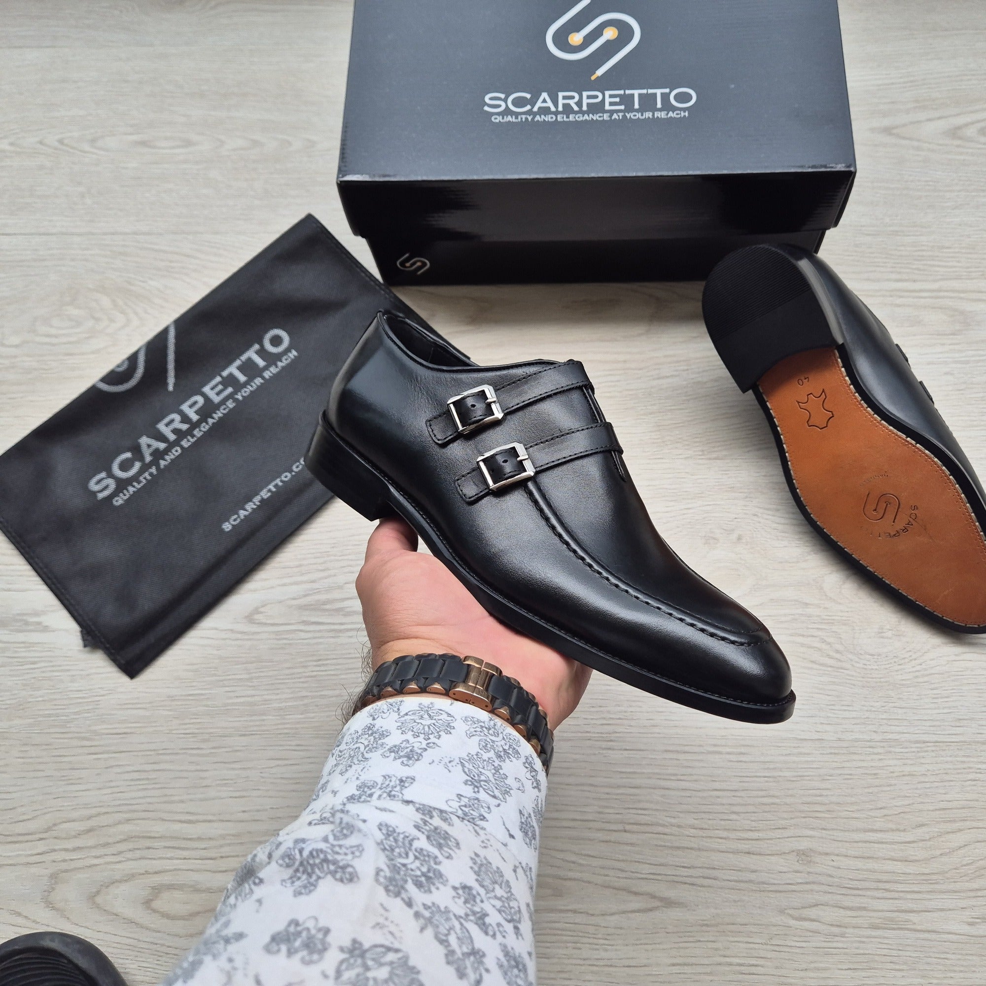 Salvatore Jet Black Double Monk Strap - three-quarter view