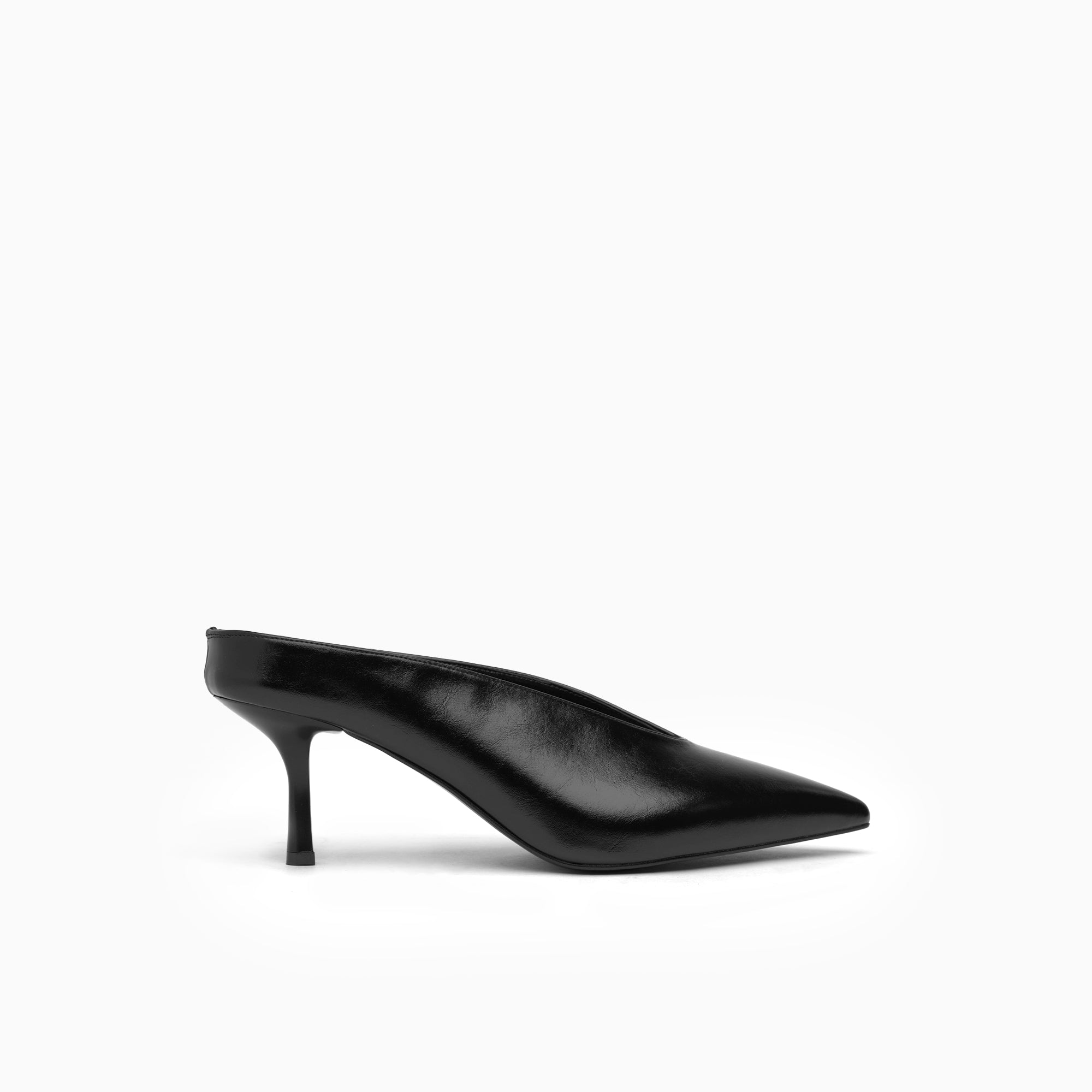 Serena Jet Black Pointed Backless Mule — side view | Scarpetto