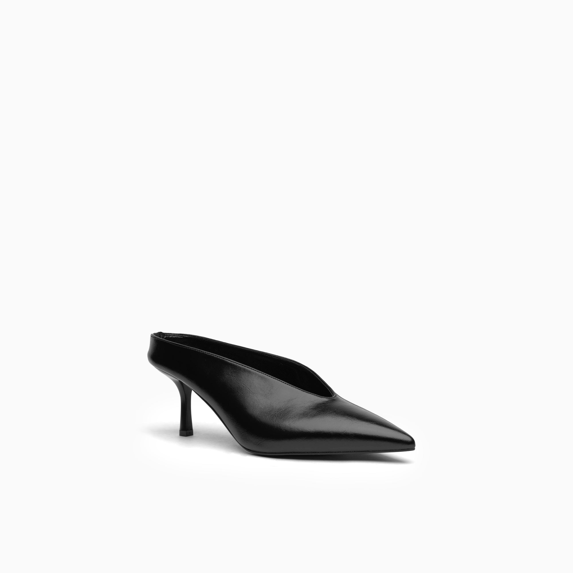 Serena Jet Black Pointed Backless Mule — three-quarter view | Scarpetto