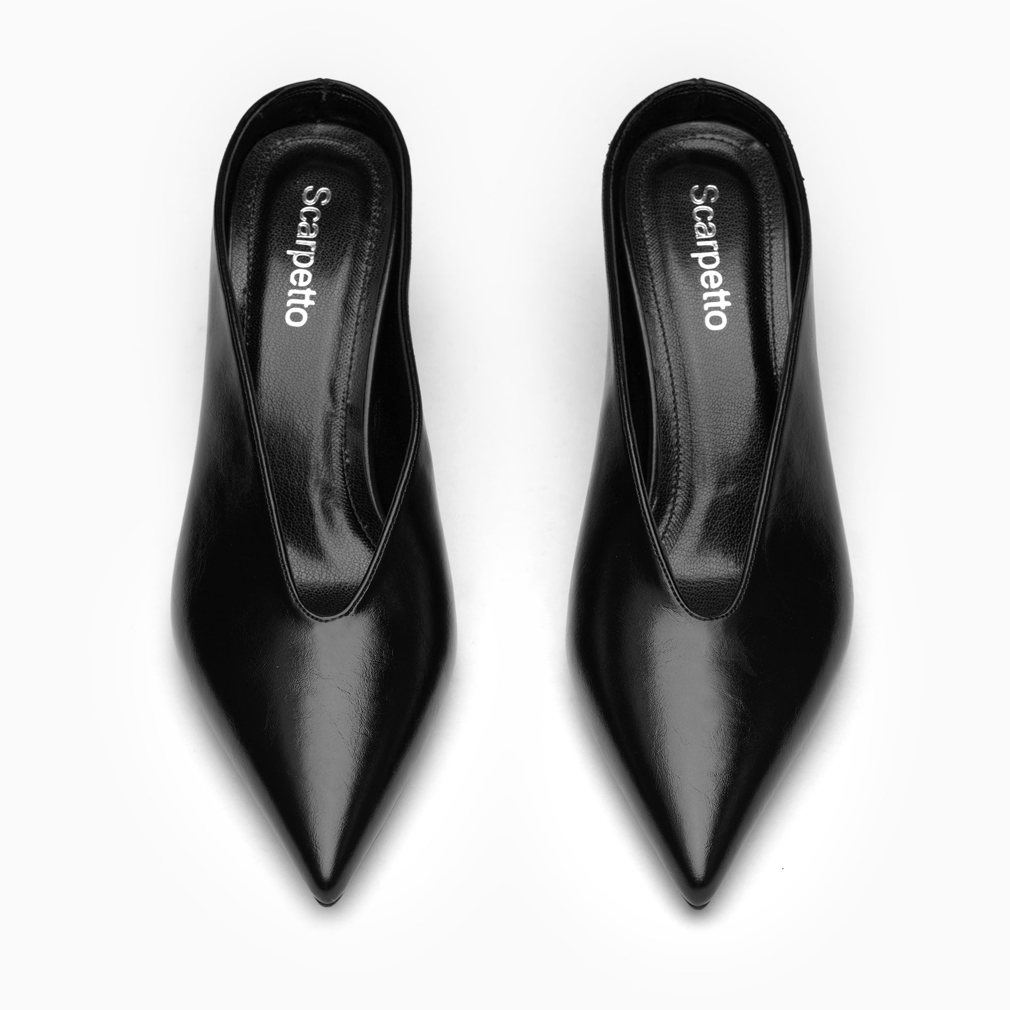Serena Jet Black Pointed Backless Mule — top view | Scarpetto