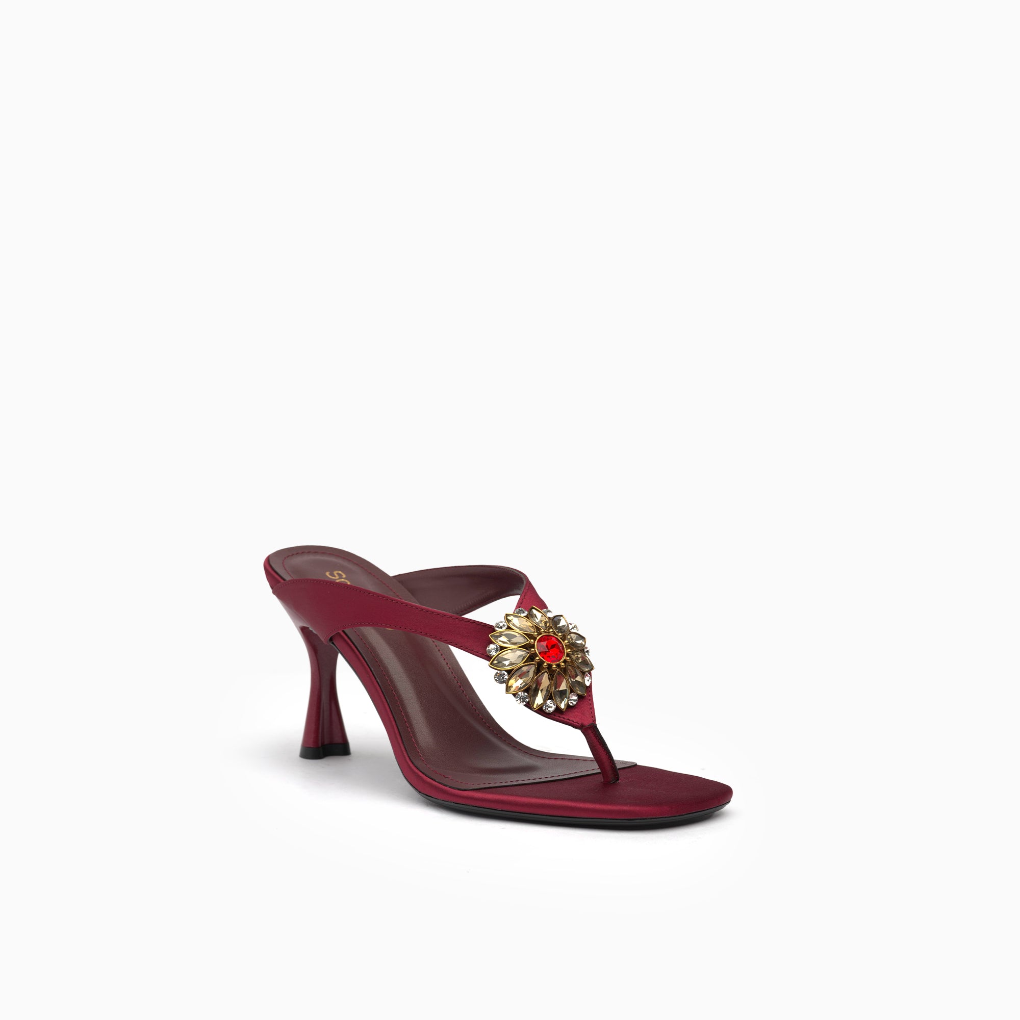 Sirena Burgundy Wine Crystal Thong Heeled Sandal — three-quarter view | Scarpetto