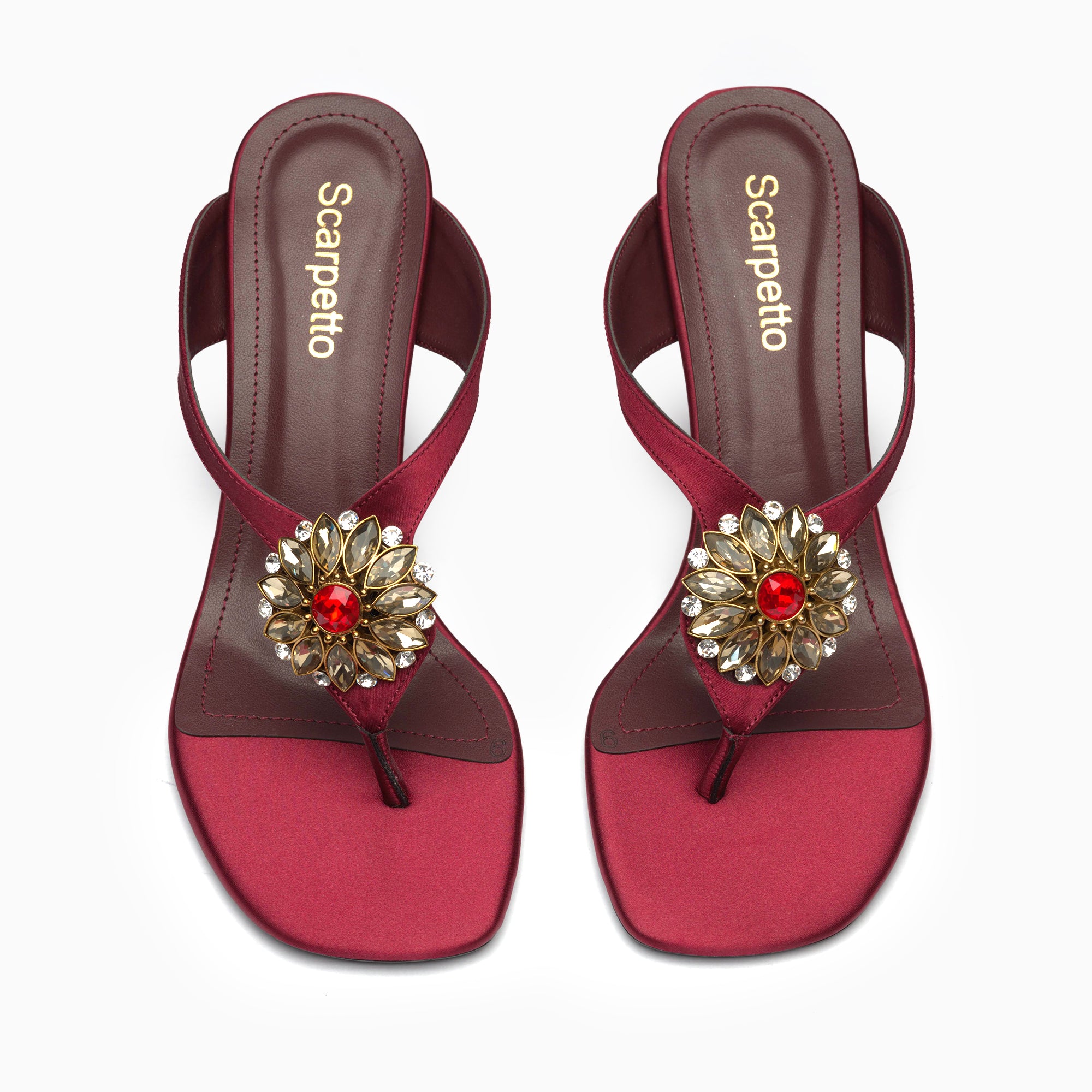 Sirena Burgundy Wine Crystal Thong Heeled Sandal — top view | Scarpetto