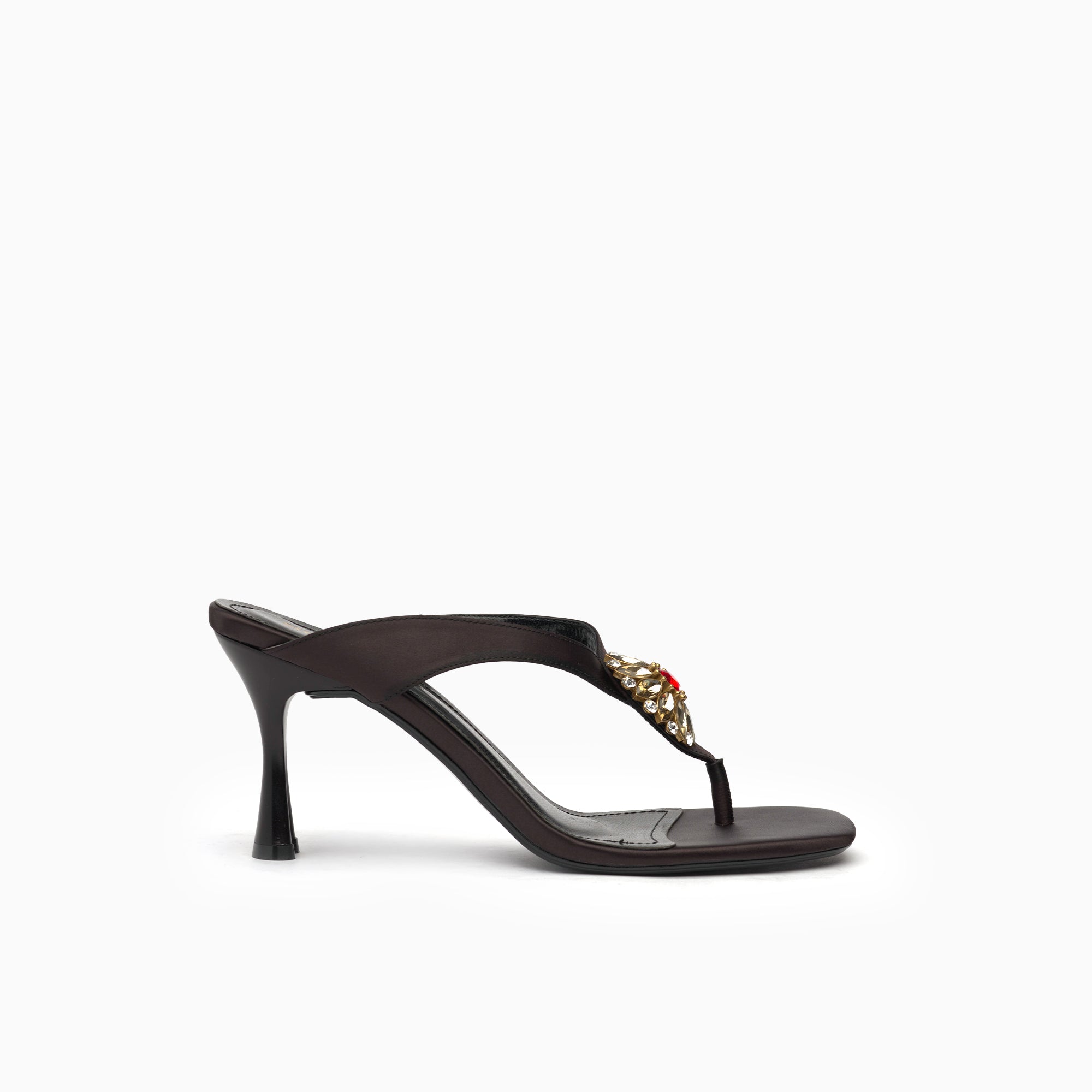 Sirena Espresso Brown Crystal Thong Heeled Sandal — side view | Scarpetto