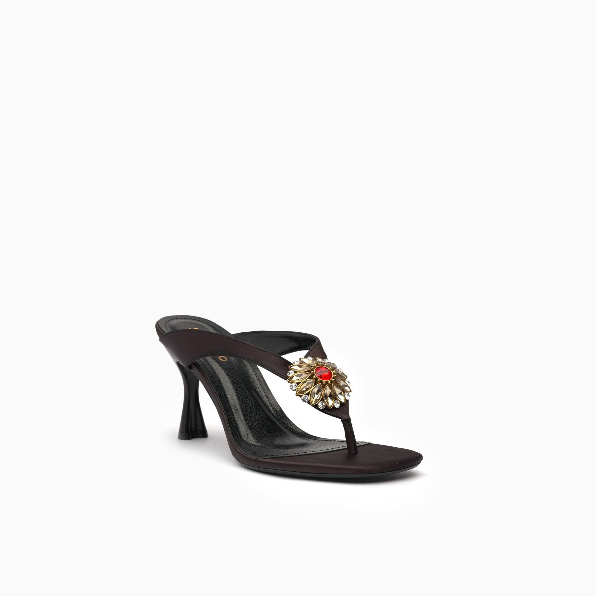 Sirena Espresso Brown Crystal Thong Heeled Sandal — three-quarter view | Scarpetto