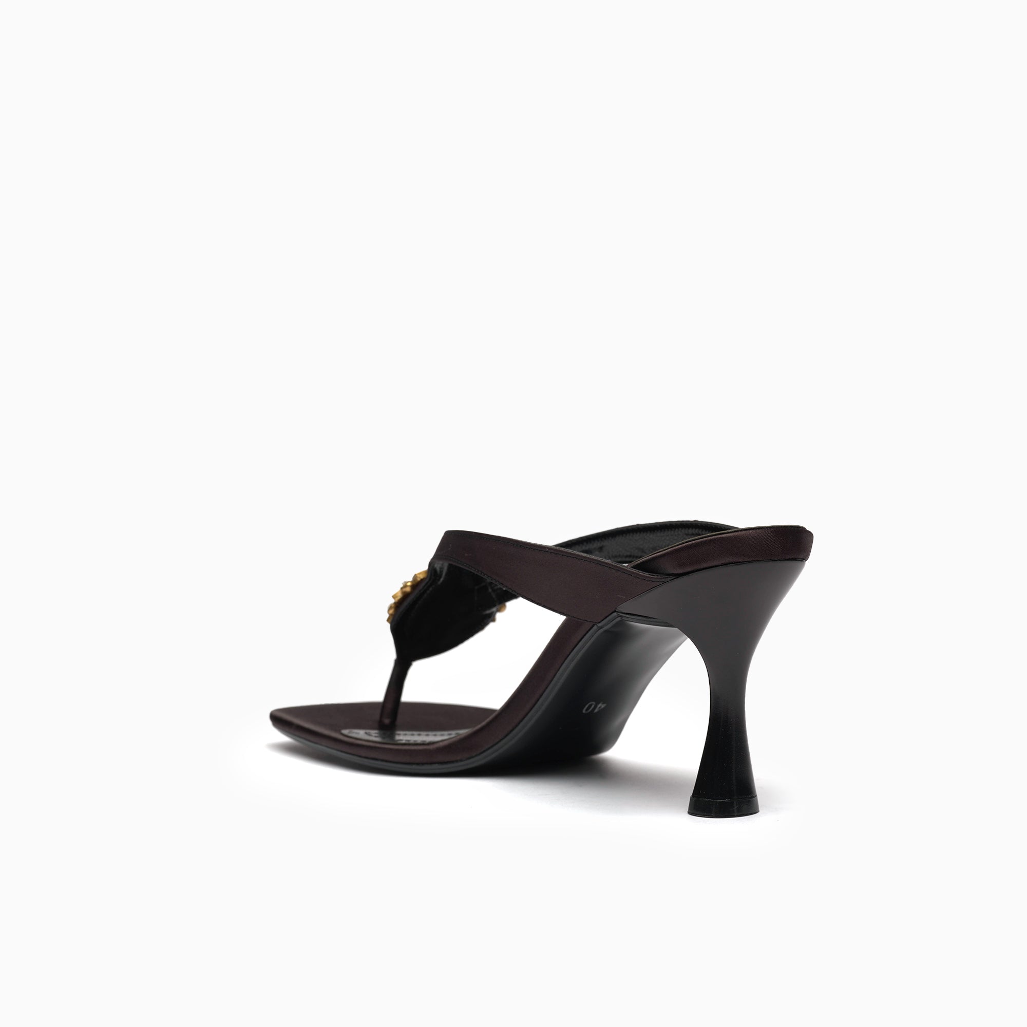 Sirena Espresso Brown Crystal Thong Heeled Sandal — heel detail | Scarpetto