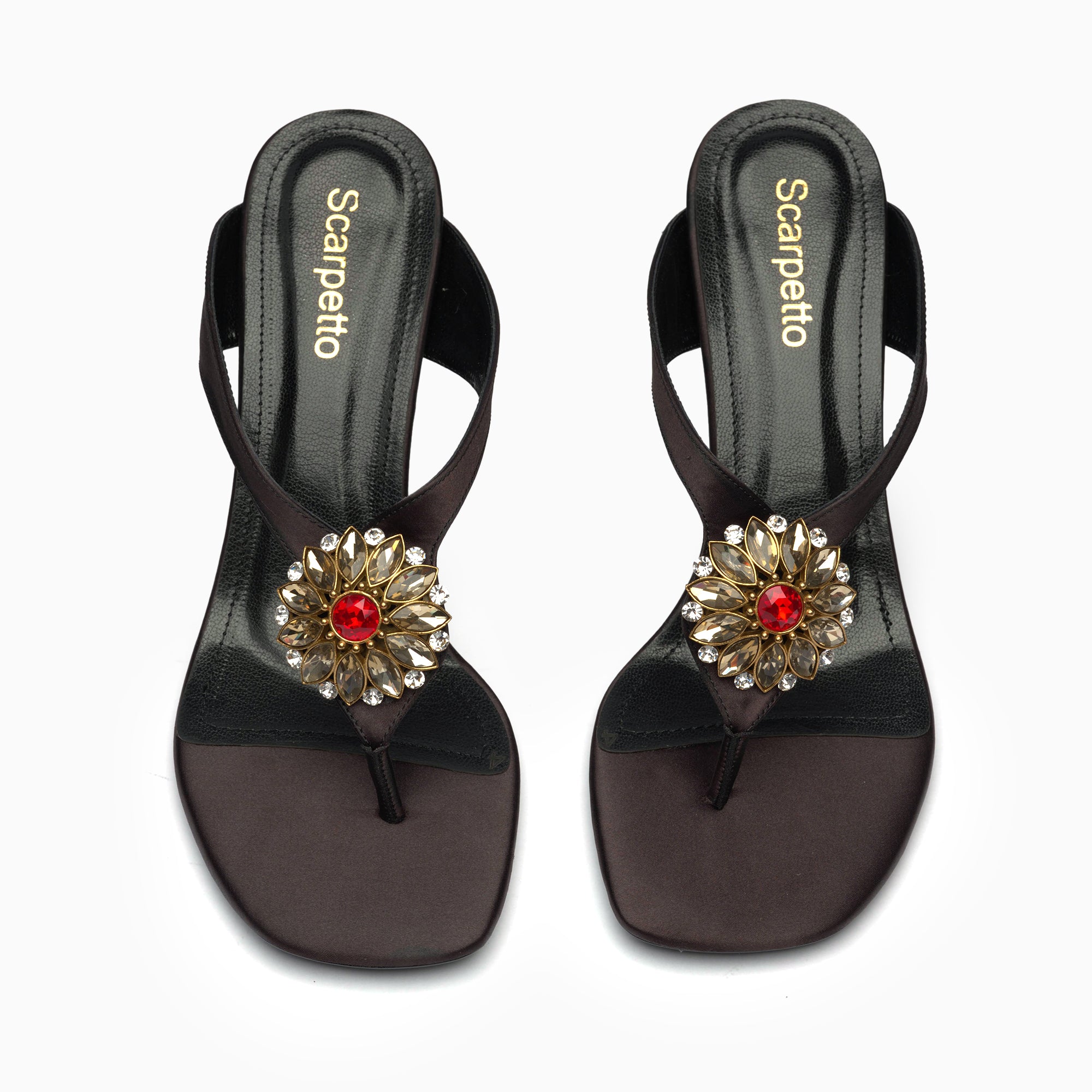 Sirena Espresso Brown Crystal Thong Heeled Sandal — top view | Scarpetto