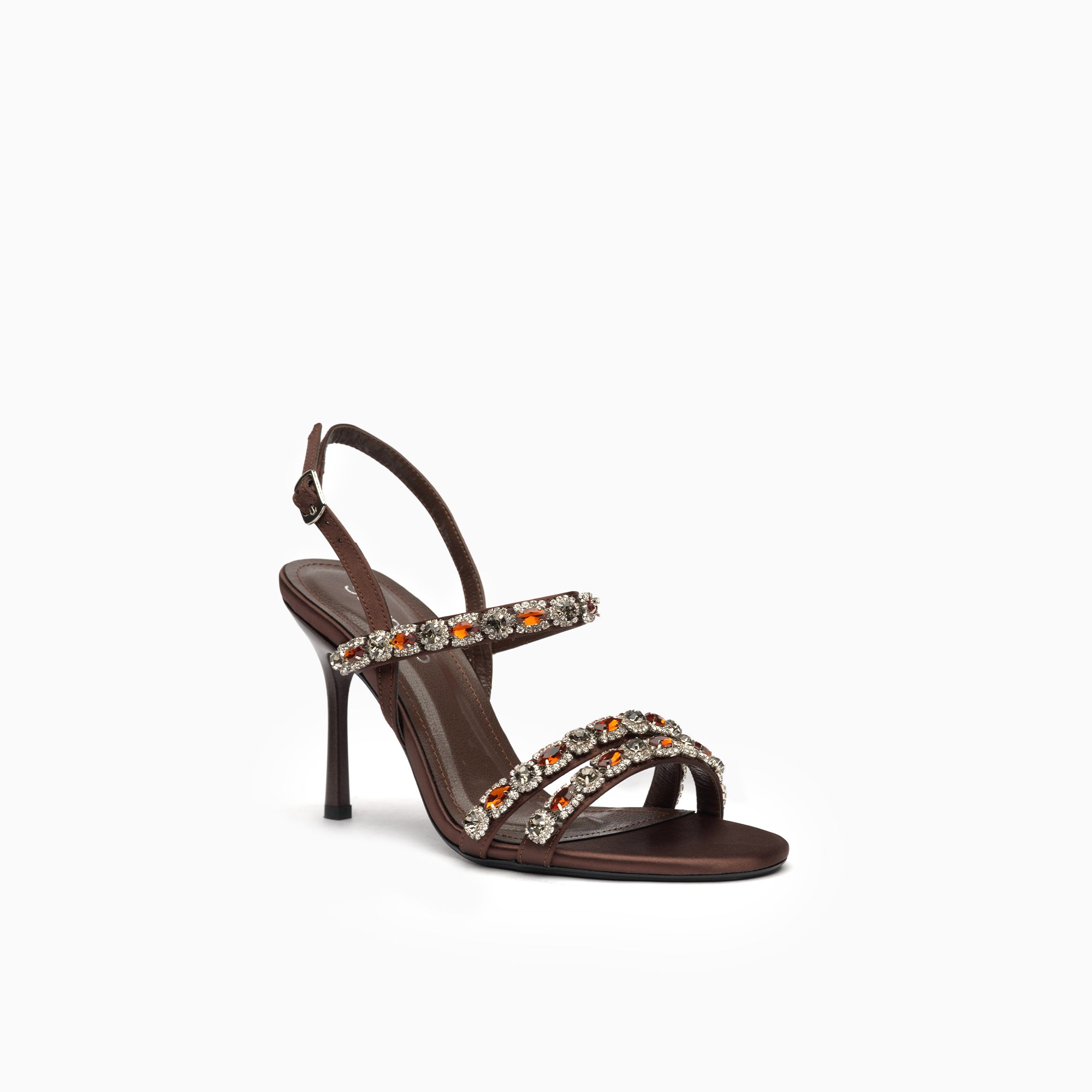 Stella Cognac Topaz Crystal-Strap Heeled Sandal — three-quarter view | Scarpetto