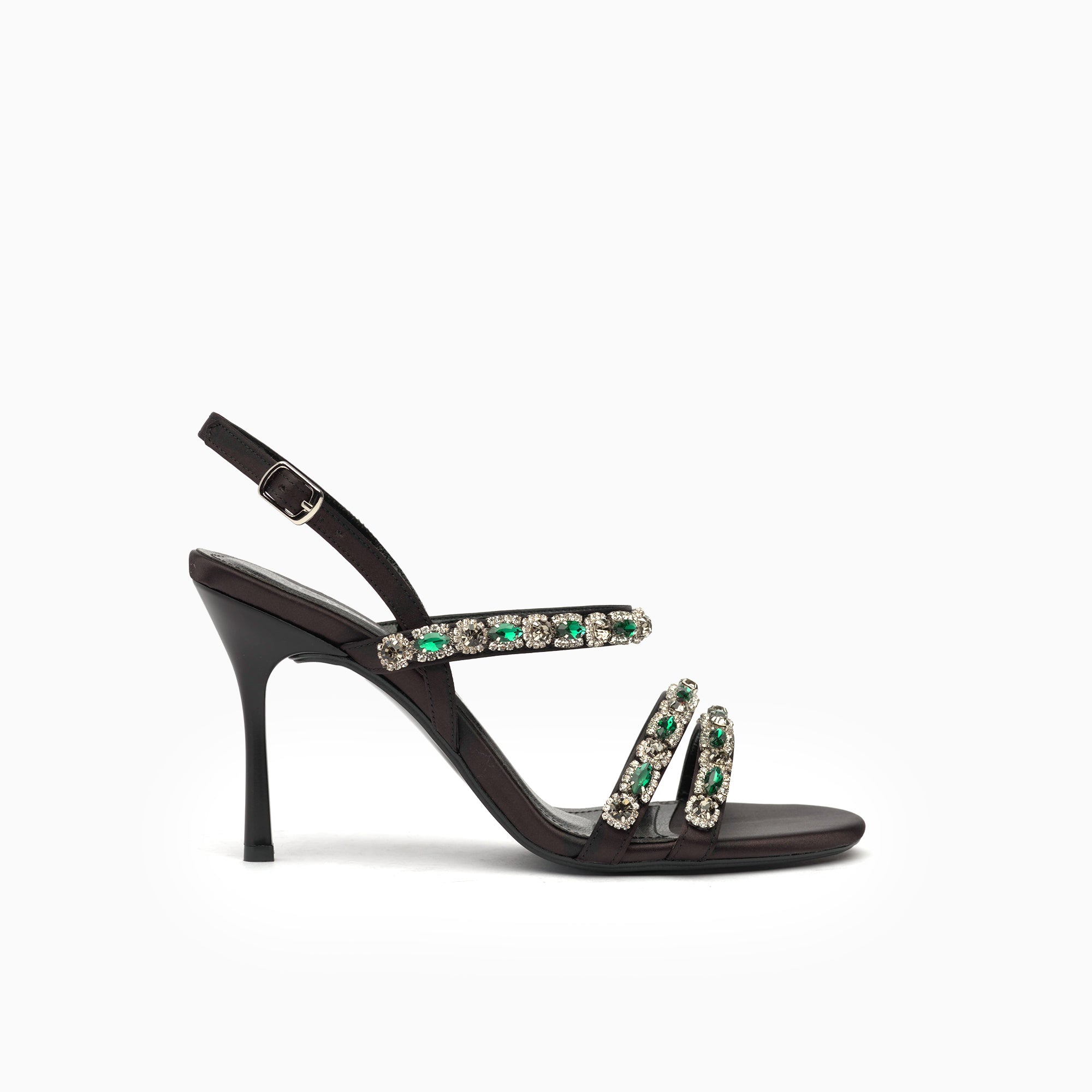 Stella Espresso Emerald Crystal-Strap Heeled Sandal — side view | Scarpetto