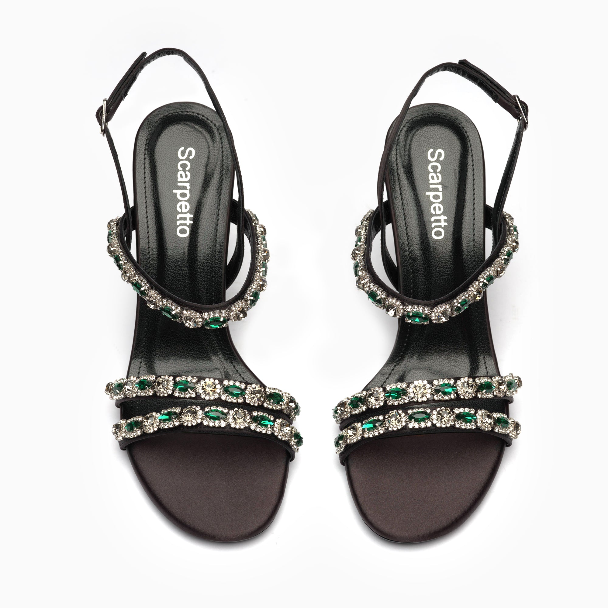 Stella Espresso Emerald Crystal-Strap Heeled Sandal — top view | Scarpetto