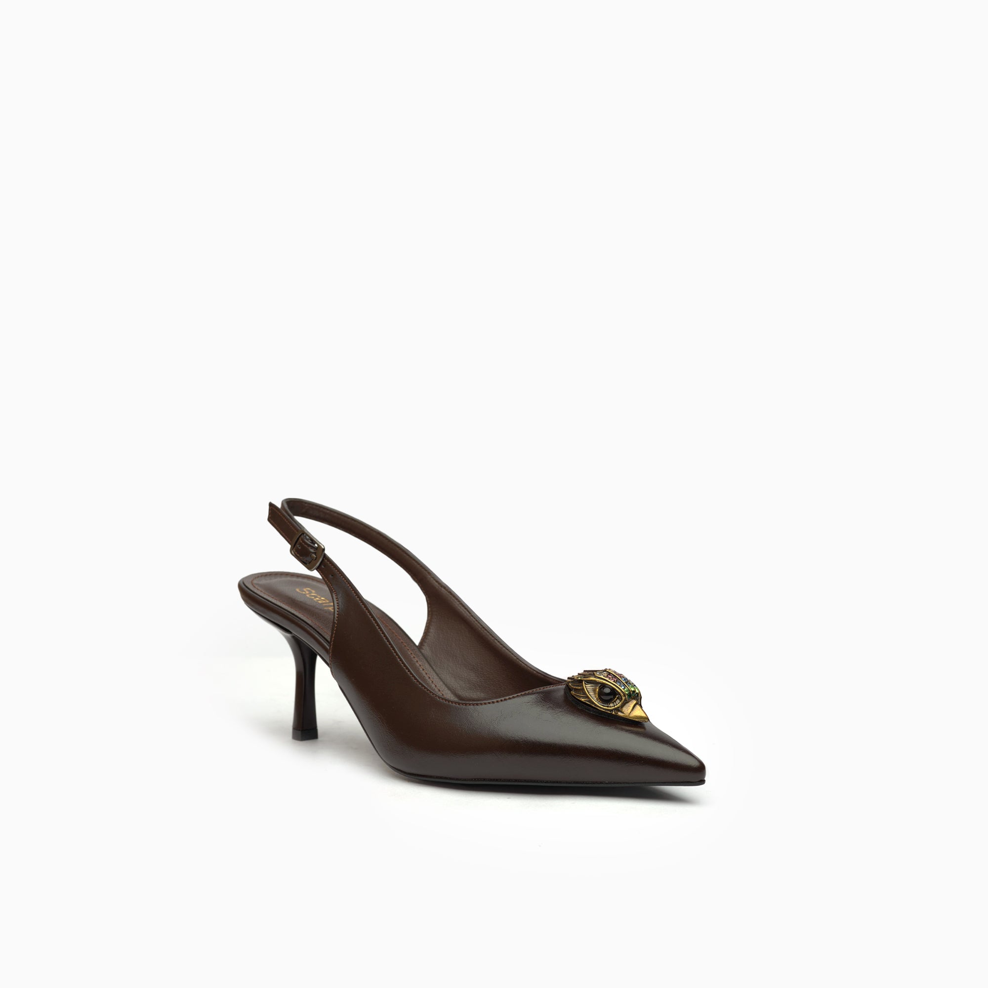 Talismano Espresso Brown Winged-Eye Emblem Slingback Pump — three-quarter view | Scarpetto