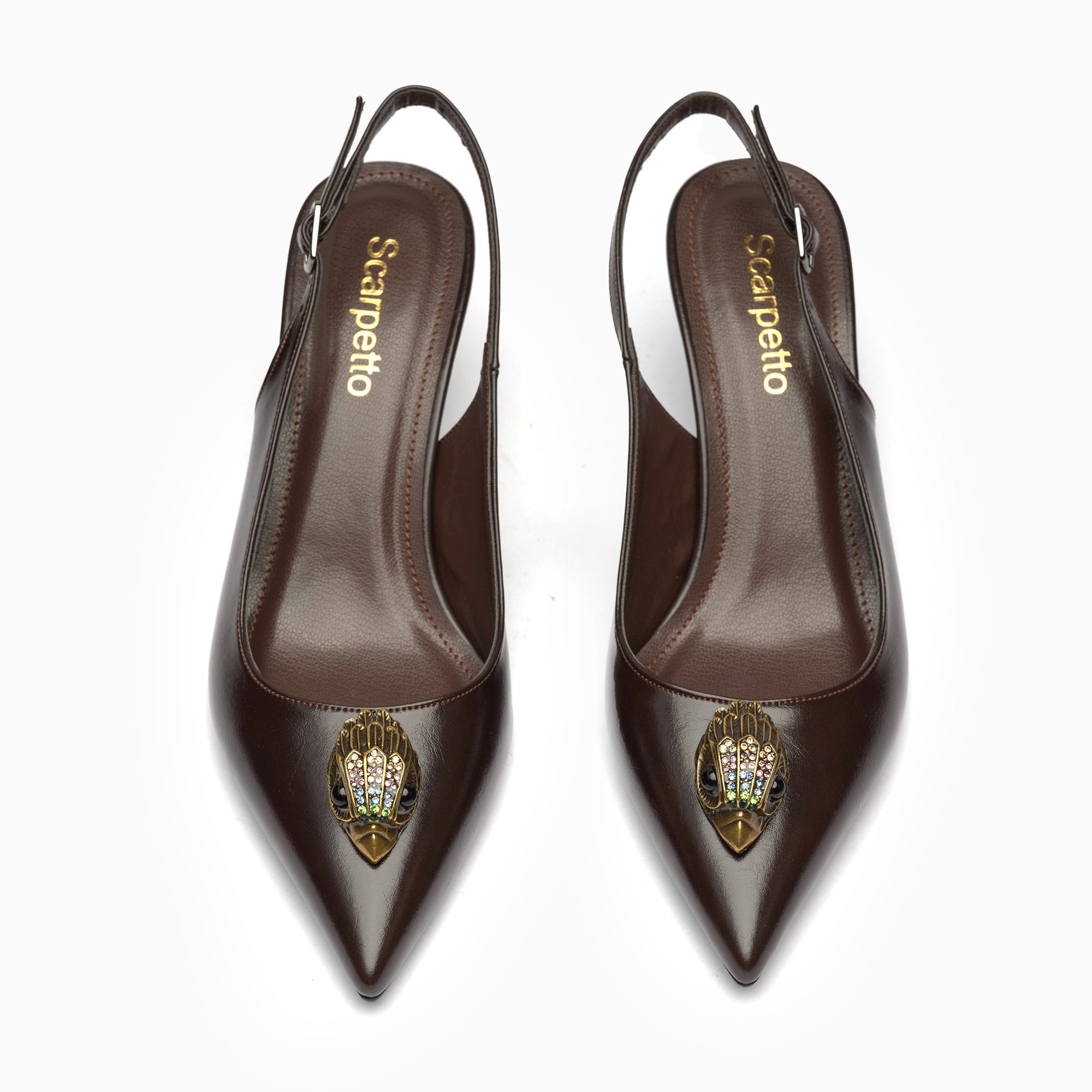 Talismano Espresso Brown Winged-Eye Emblem Slingback Pump — top view | Scarpetto