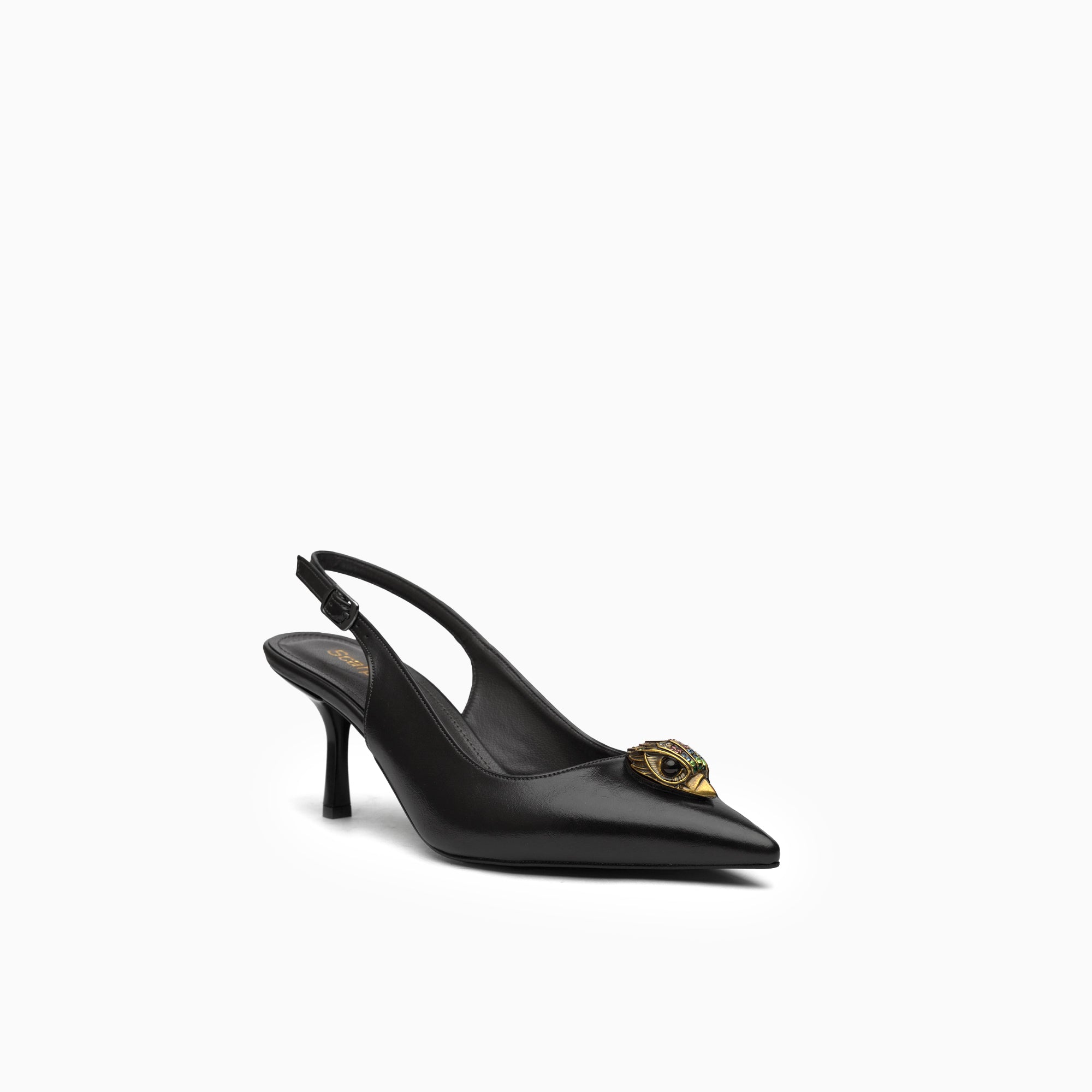 Talismano Jet Black Winged-Eye Emblem Slingback Pump — three-quarter view | Scarpetto