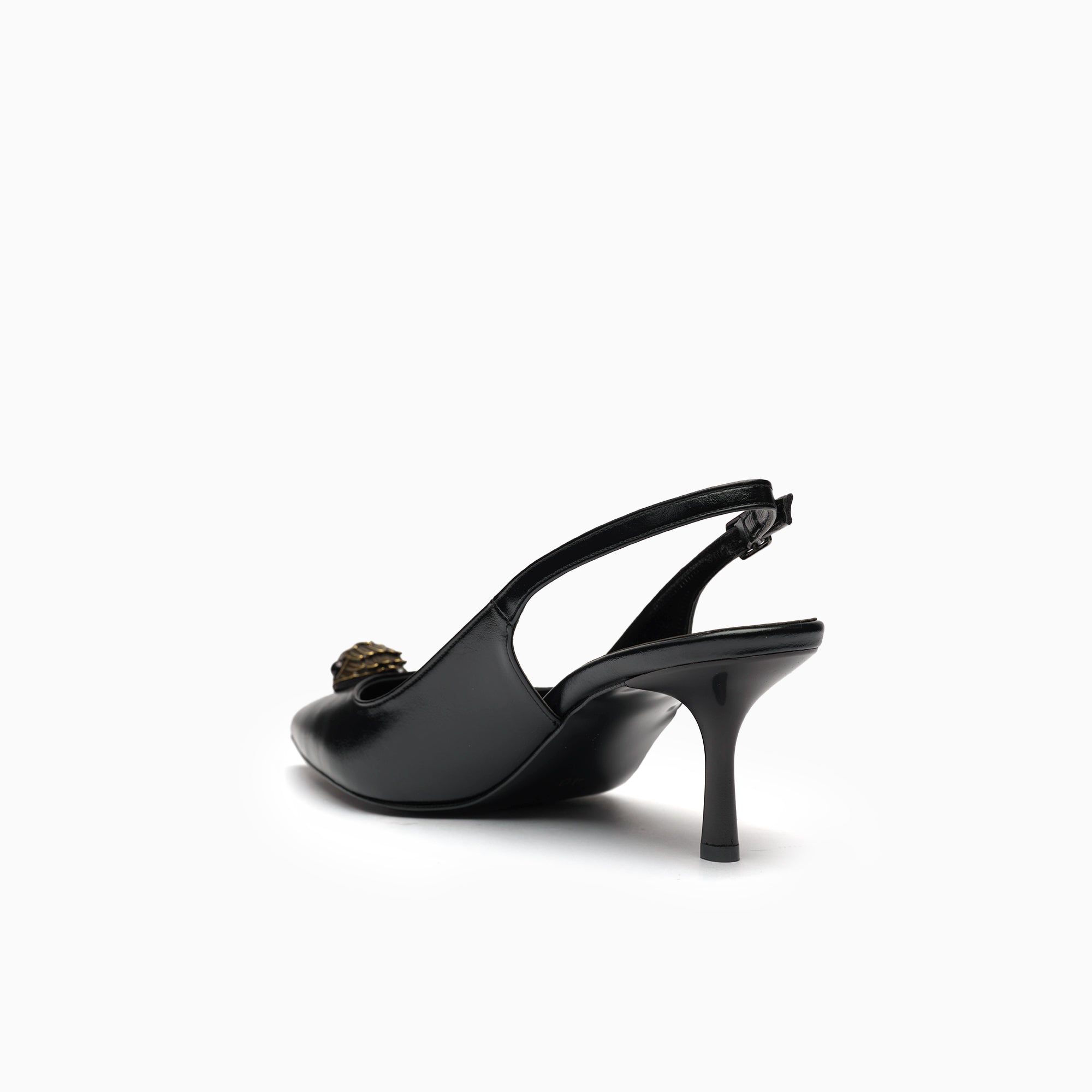 Talismano Jet Black Winged-Eye Emblem Slingback Pump — heel detail | Scarpetto