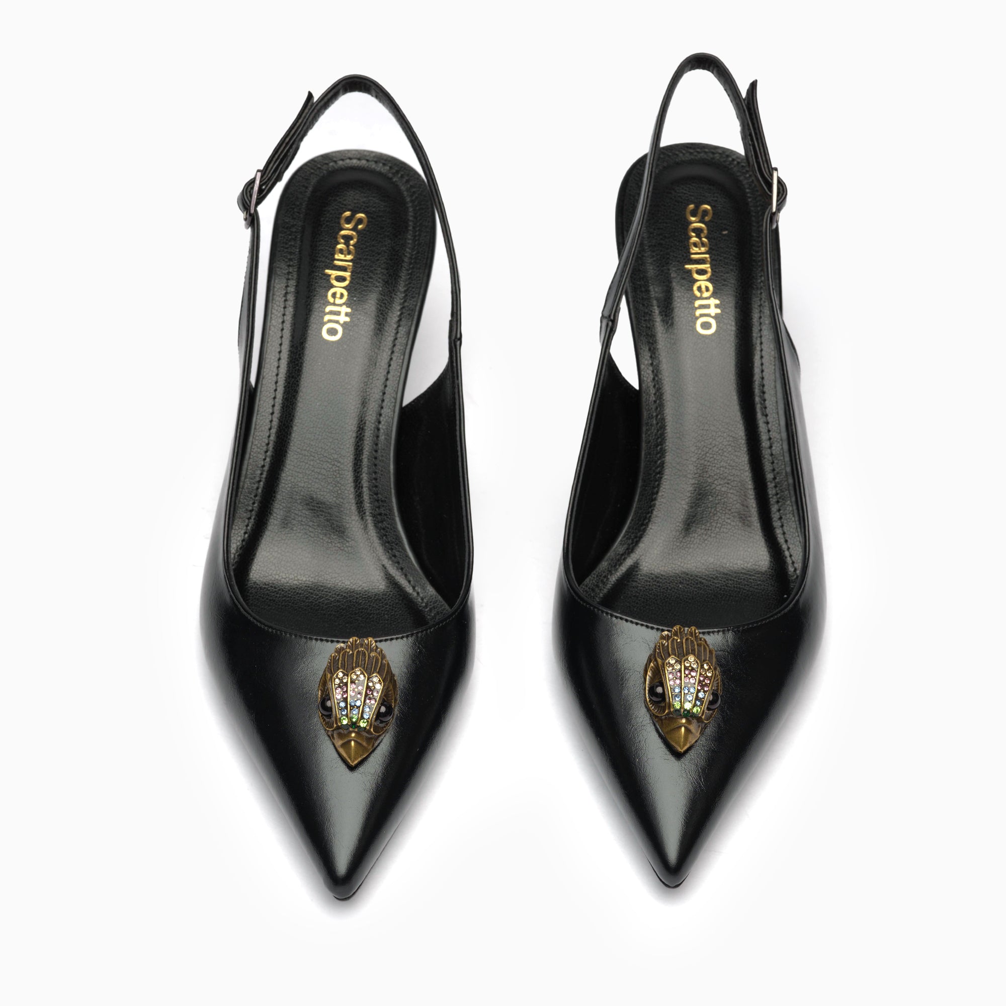 Talismano Jet Black Winged-Eye Emblem Slingback Pump — top view | Scarpetto