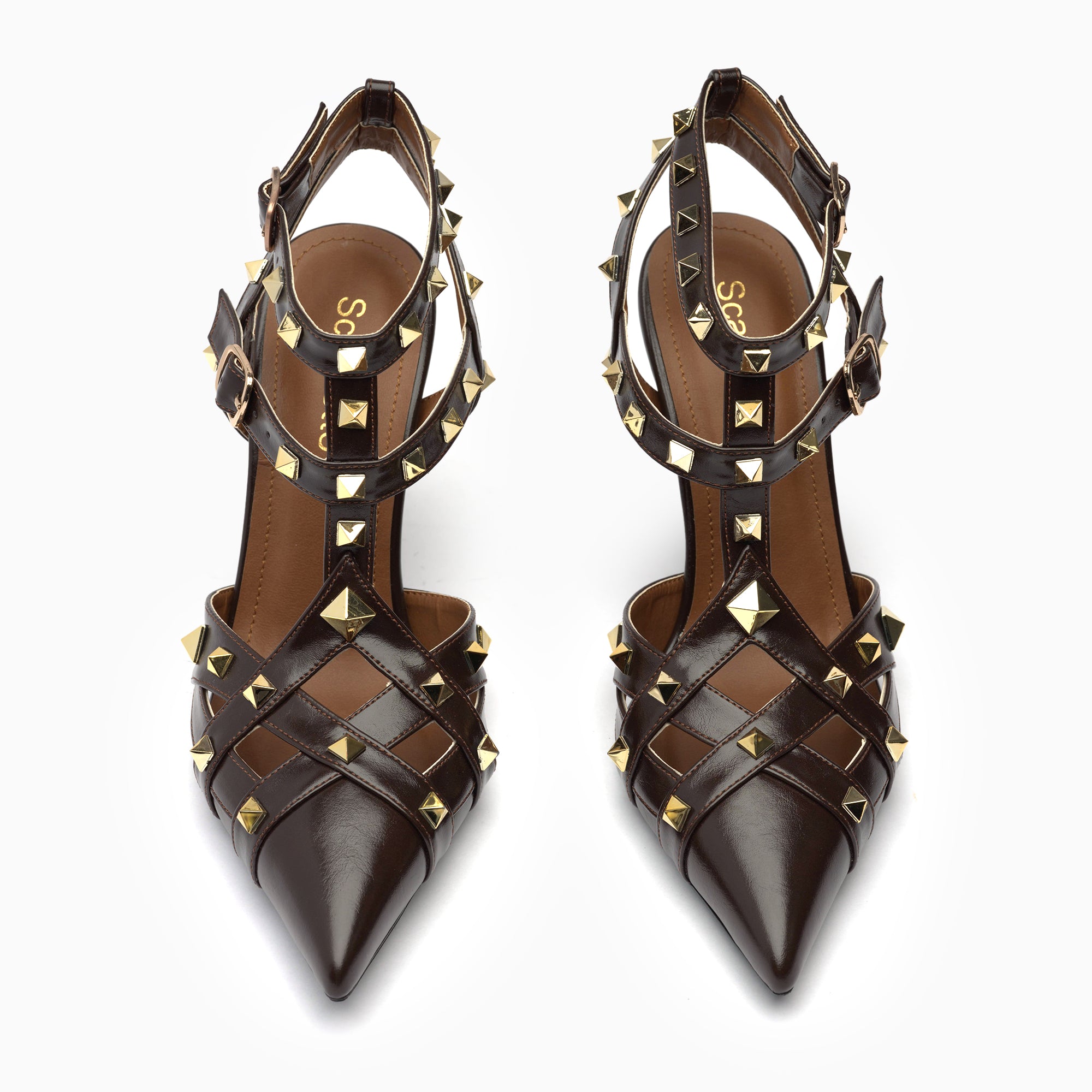 Valentina Espresso Brown Studded Caged T-Strap Sandal — top view | Scarpetto