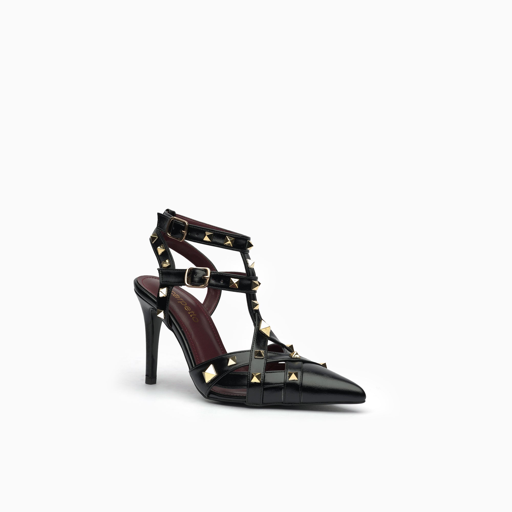 Valentina Jet Black Studded Caged T-Strap Sandal — three-quarter view | Scarpetto