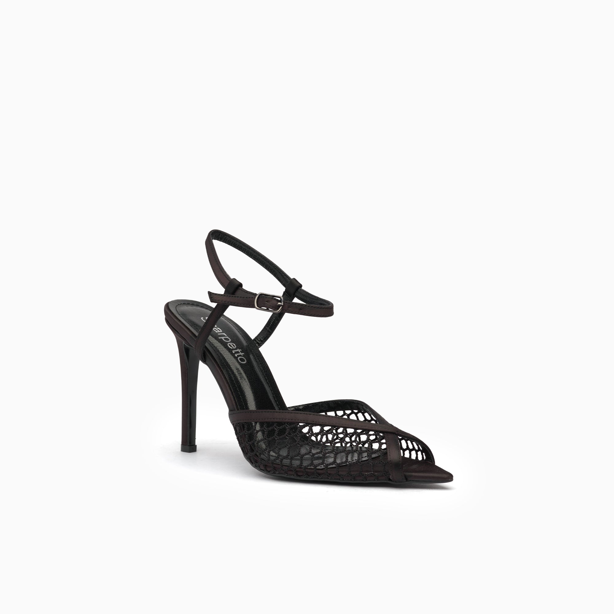 Velo Espresso Brown Mesh Peep-Toe Ankle-Strap Sandal — three-quarter view | Scarpetto
